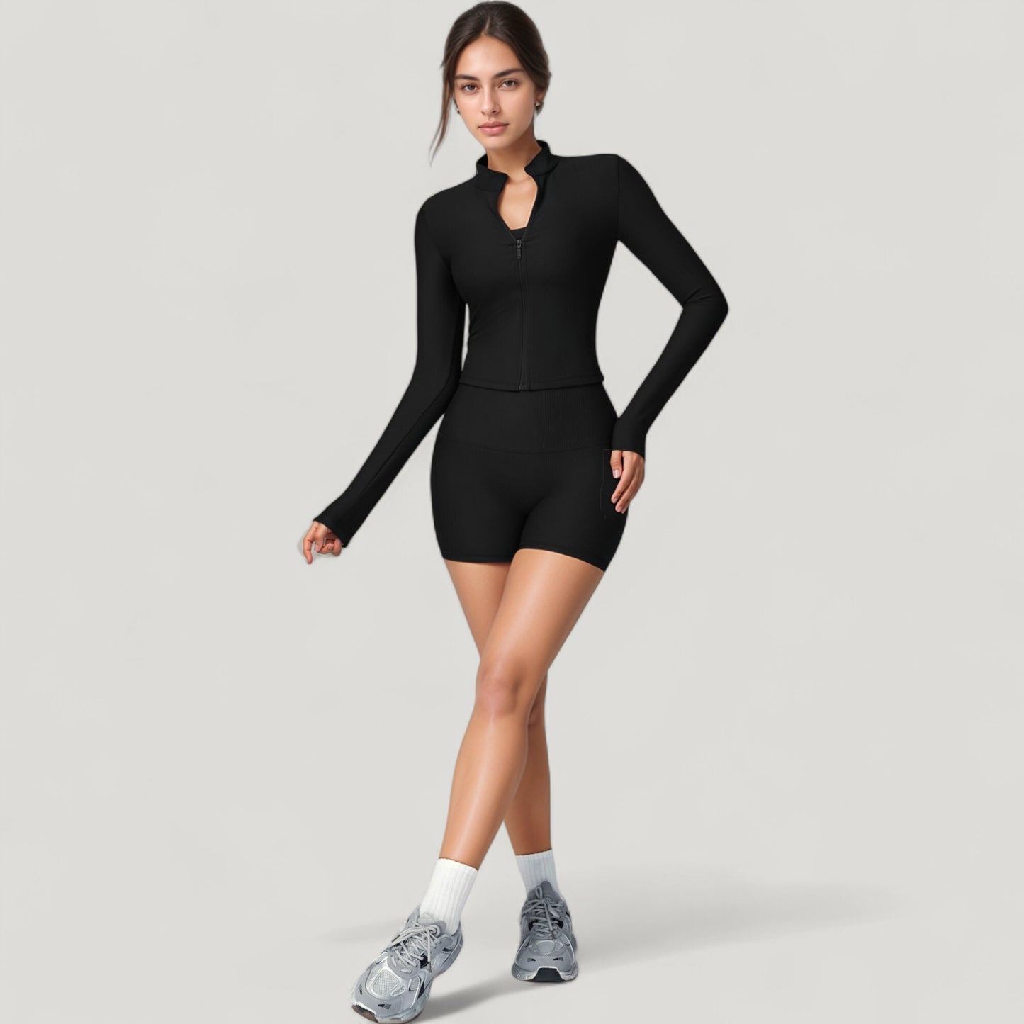 Long Sleeve Ribbed Zip-Up Athletic Jacket with High Neckline