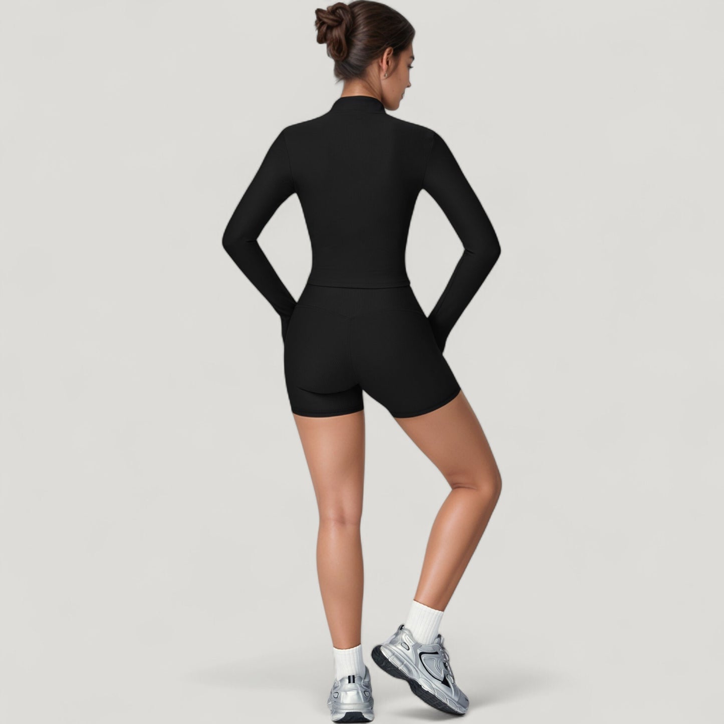Long Sleeve Ribbed Zip-Up Athletic Jacket with High Neckline