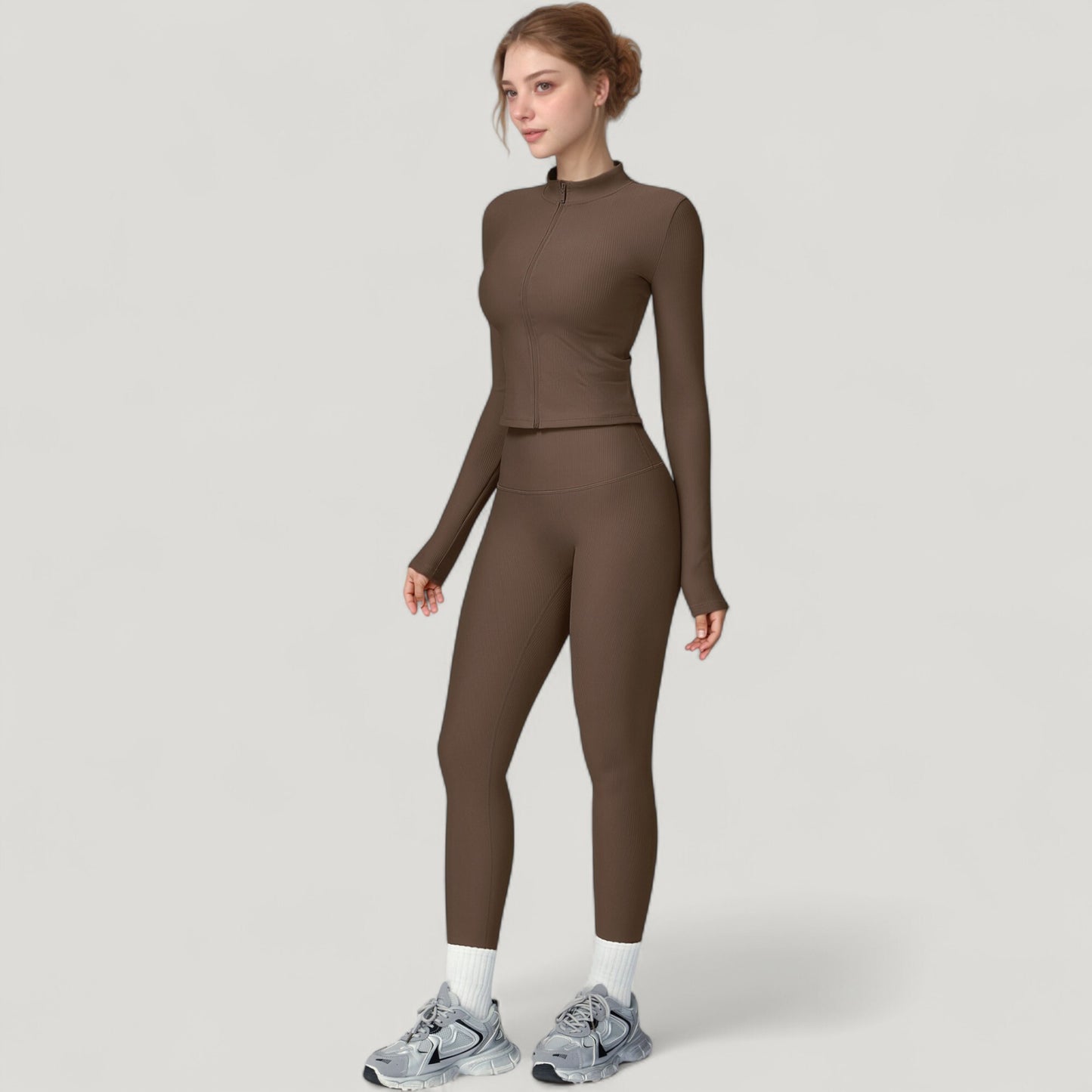 Long Sleeve Ribbed Zip-Up Athletic Jacket with High Neckline