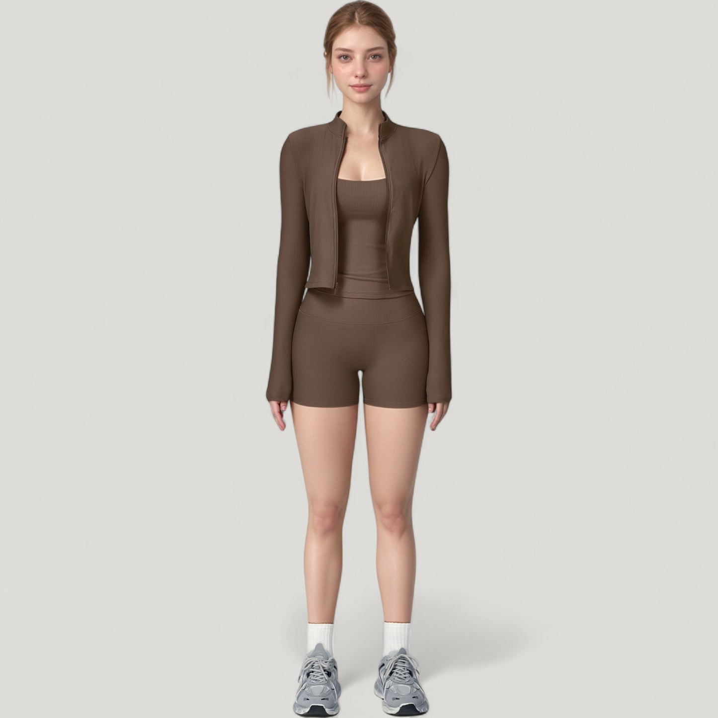 Long Sleeve Ribbed Zip-Up Athletic Jacket with High Neckline