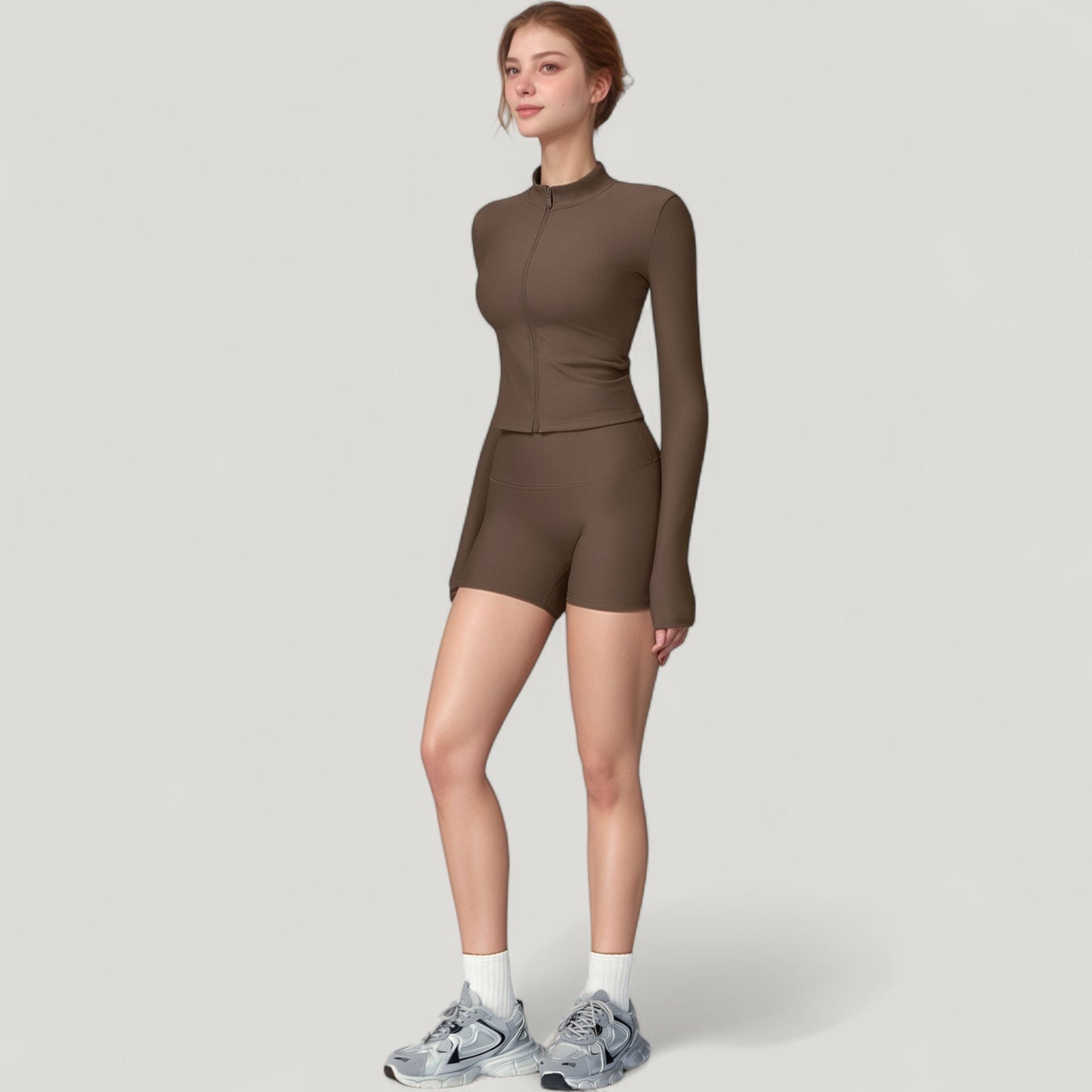 Long Sleeve Ribbed Zip-Up Athletic Jacket with High Neckline
