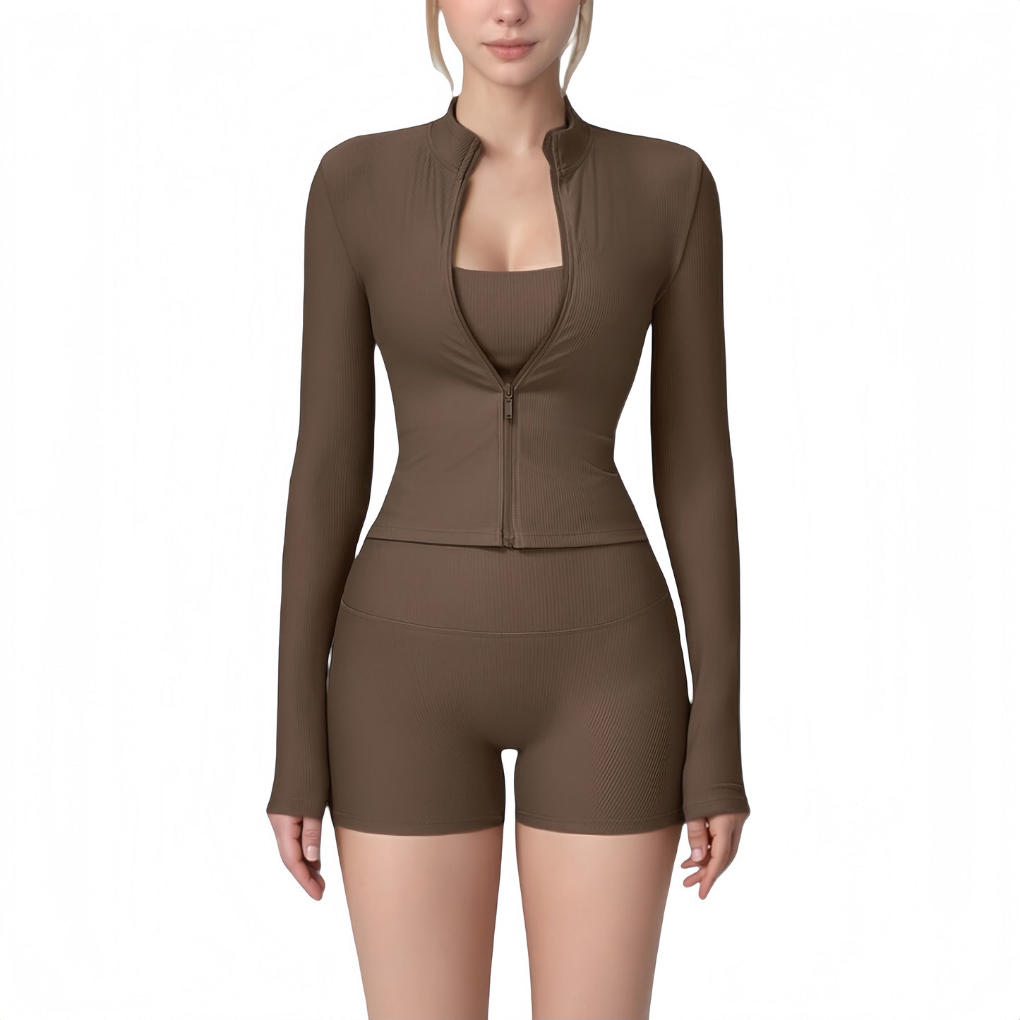 Long Sleeve Ribbed Zip-Up Athletic Jacket with High Neckline