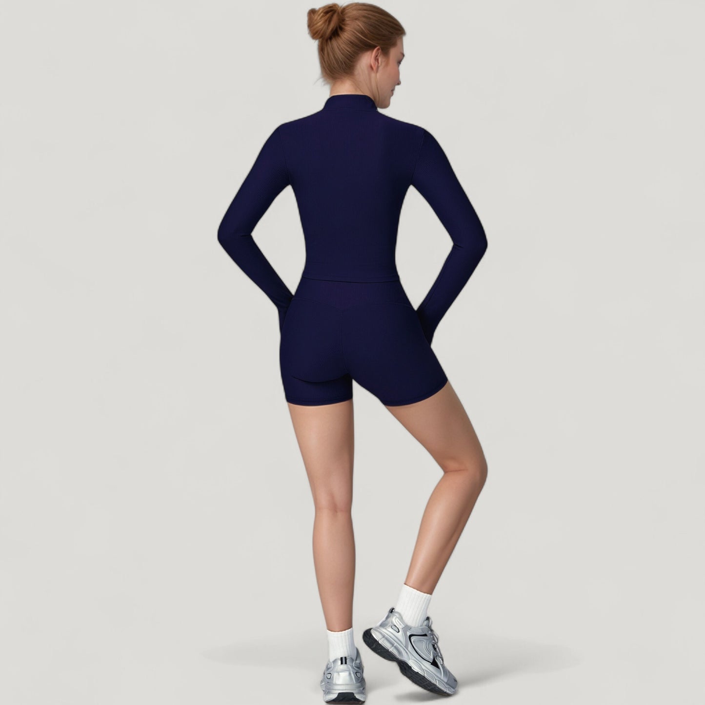 Long Sleeve Ribbed Zip-Up Athletic Jacket with High Neckline
