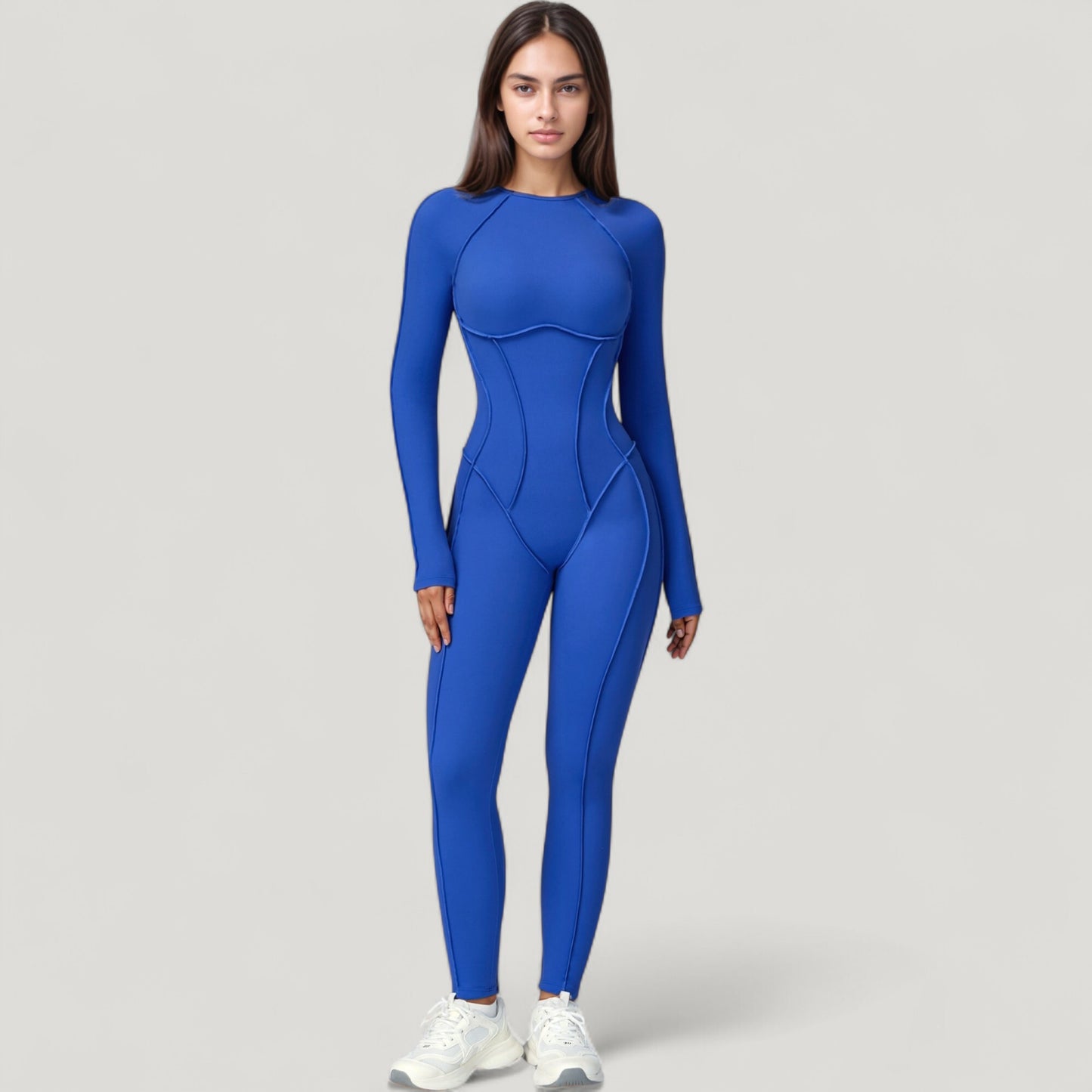 Long Sleeve Fitted One-Piece Activewear Jumpsuit with Contoured Stitching and Open Back Design