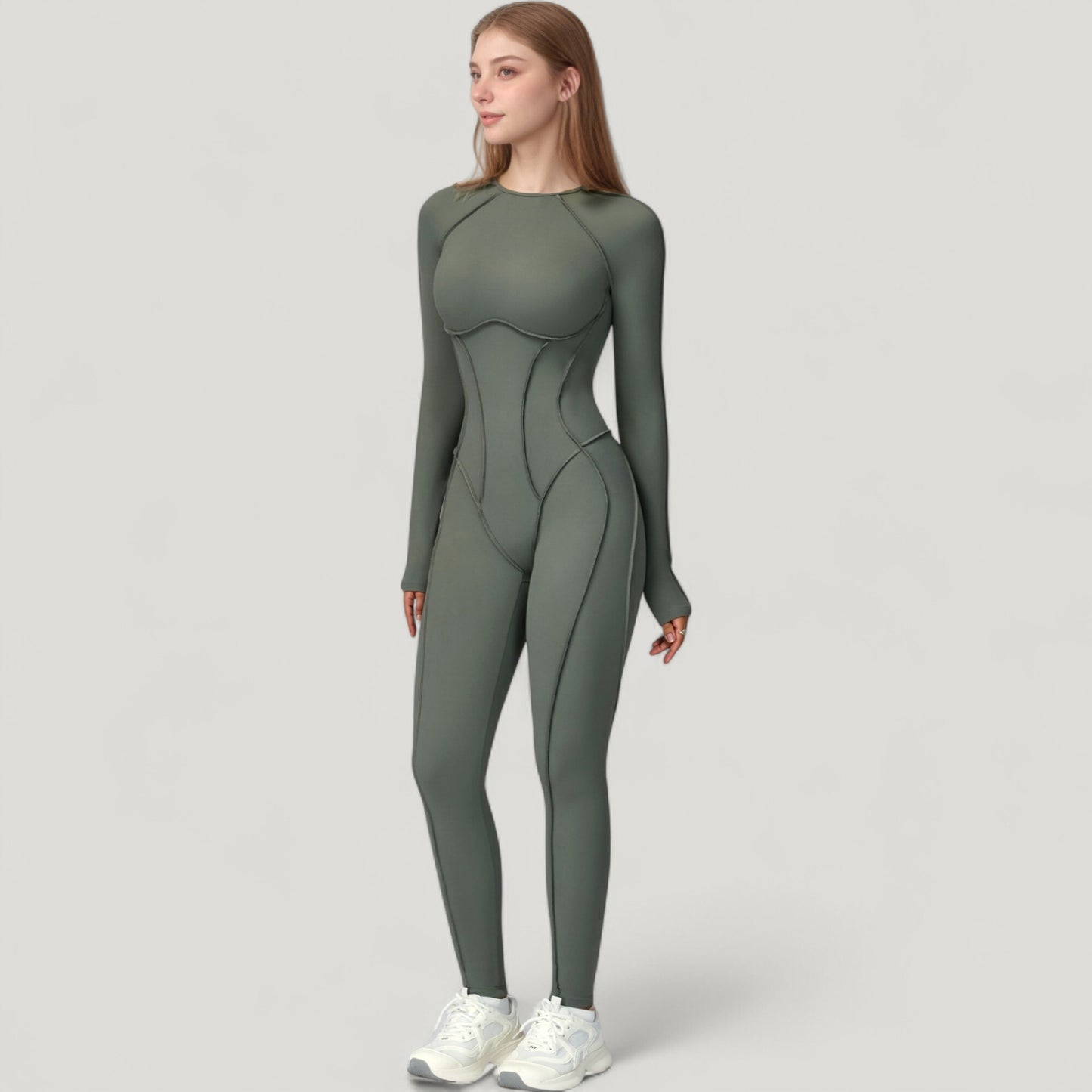 Long Sleeve Fitted One-Piece Activewear Jumpsuit with Contoured Stitching and Open Back Design