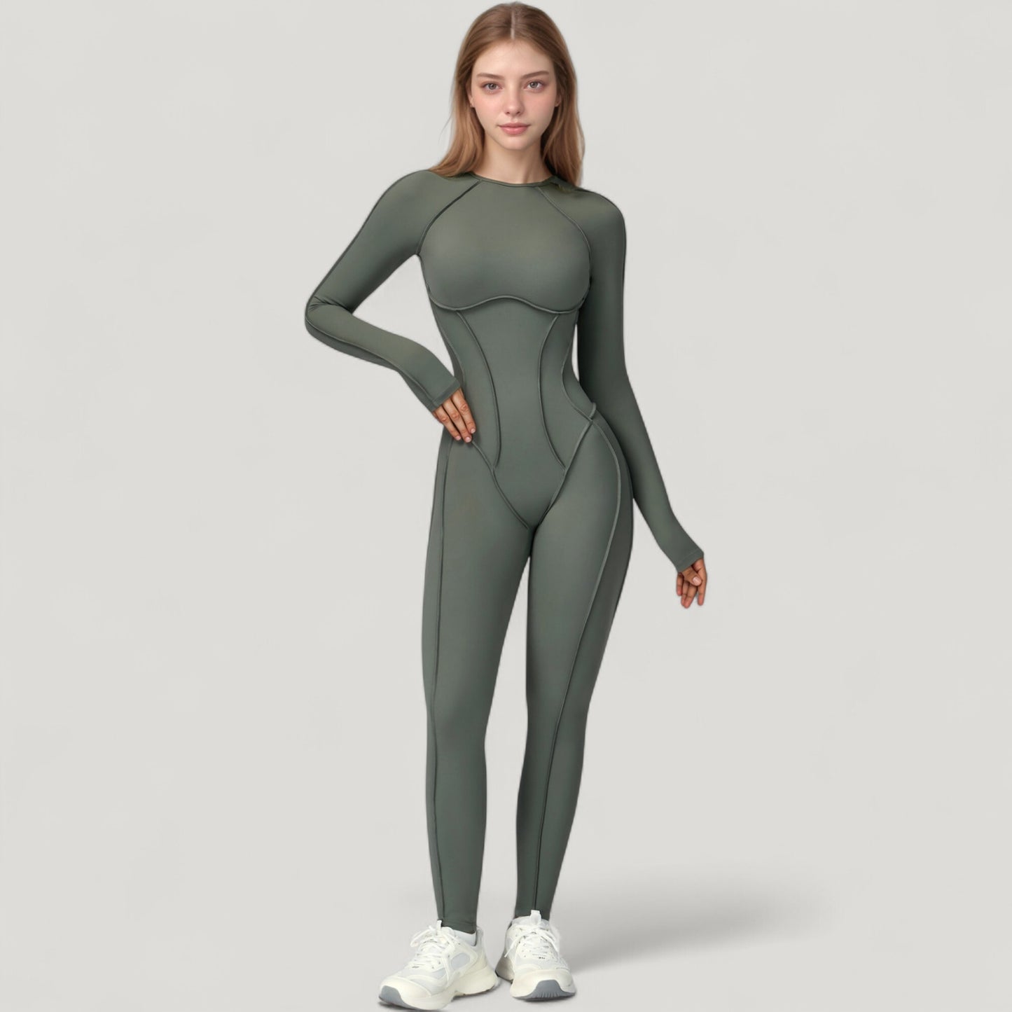 Long Sleeve Fitted One-Piece Activewear Jumpsuit with Contoured Stitching and Open Back Design