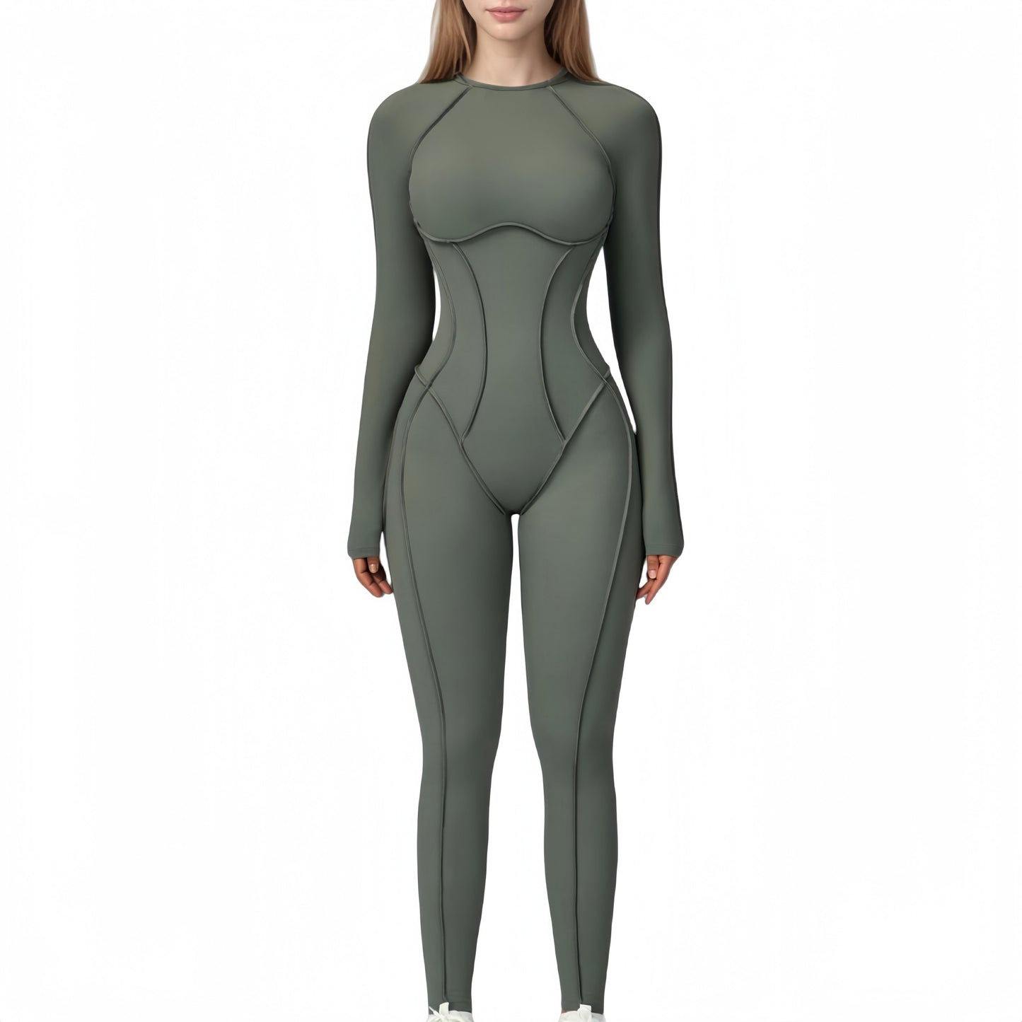Long Sleeve Fitted One-Piece Activewear Jumpsuit with Contoured Stitching and Open Back Design
