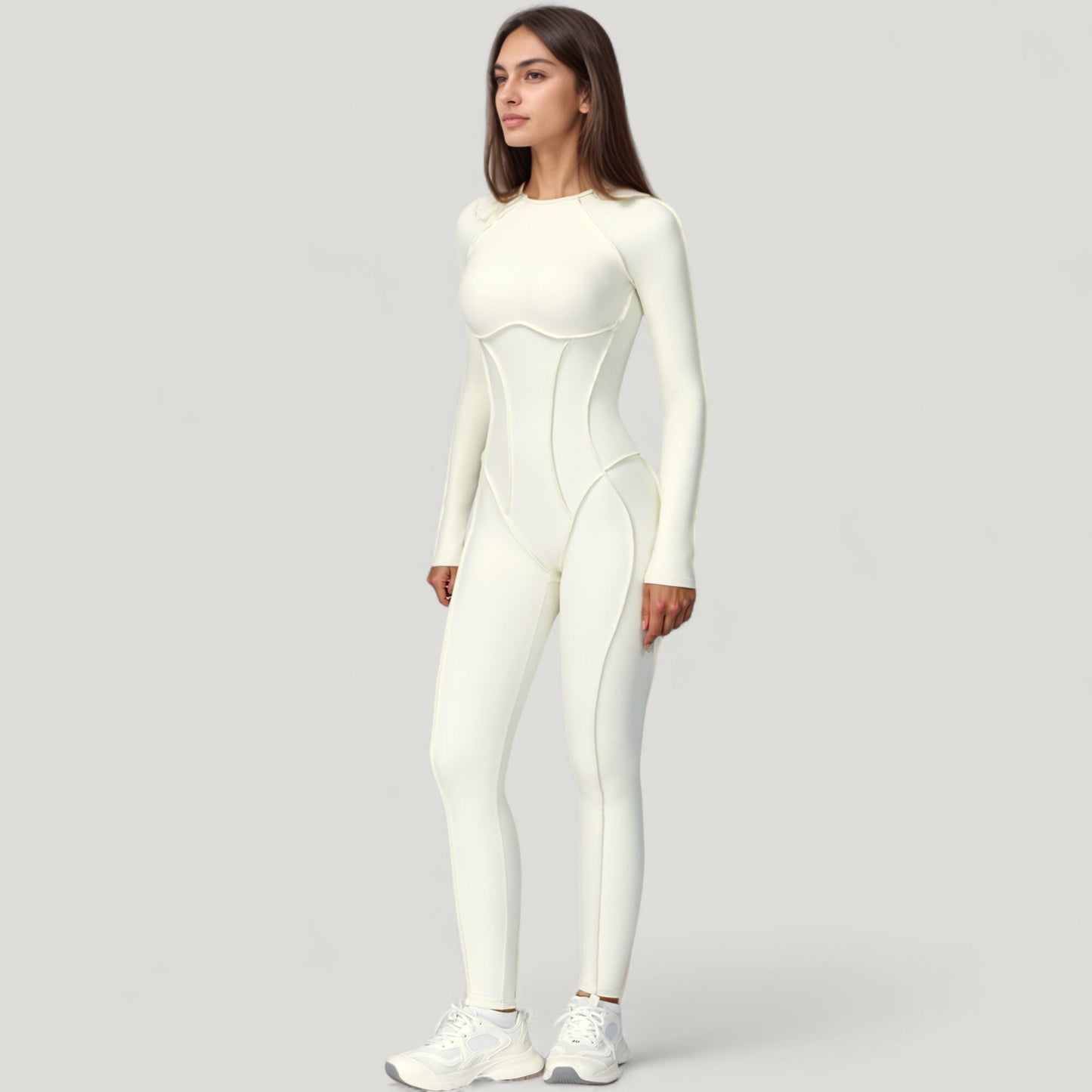 Long Sleeve Fitted One-Piece Activewear Jumpsuit with Contoured Stitching and Open Back Design