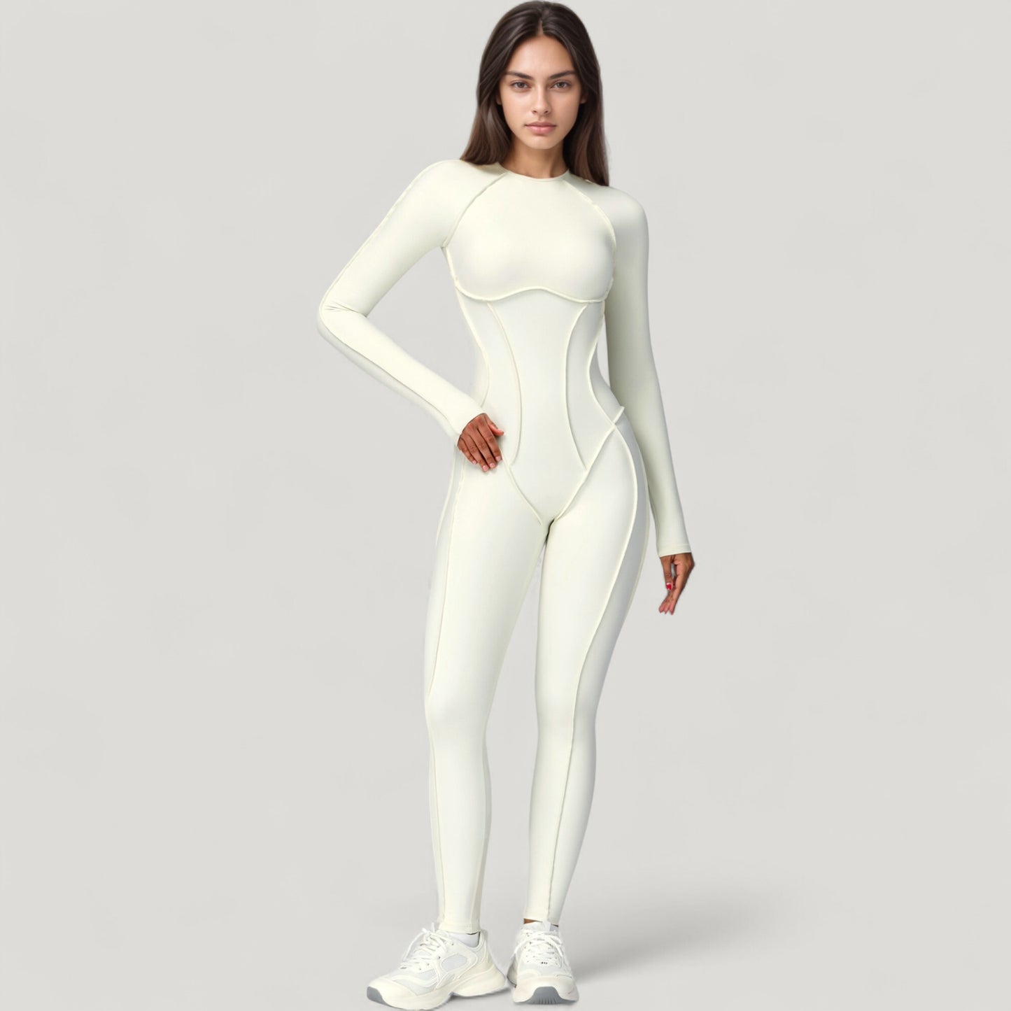 Long Sleeve Fitted One-Piece Activewear Jumpsuit with Contoured Stitching and Open Back Design