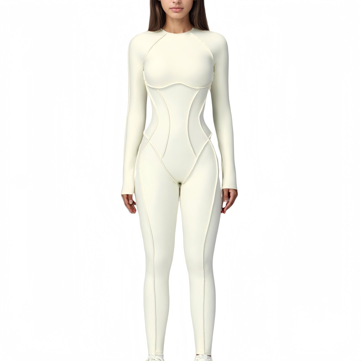 Long Sleeve Fitted One-Piece Activewear Jumpsuit with Contoured Stitching and Open Back Design