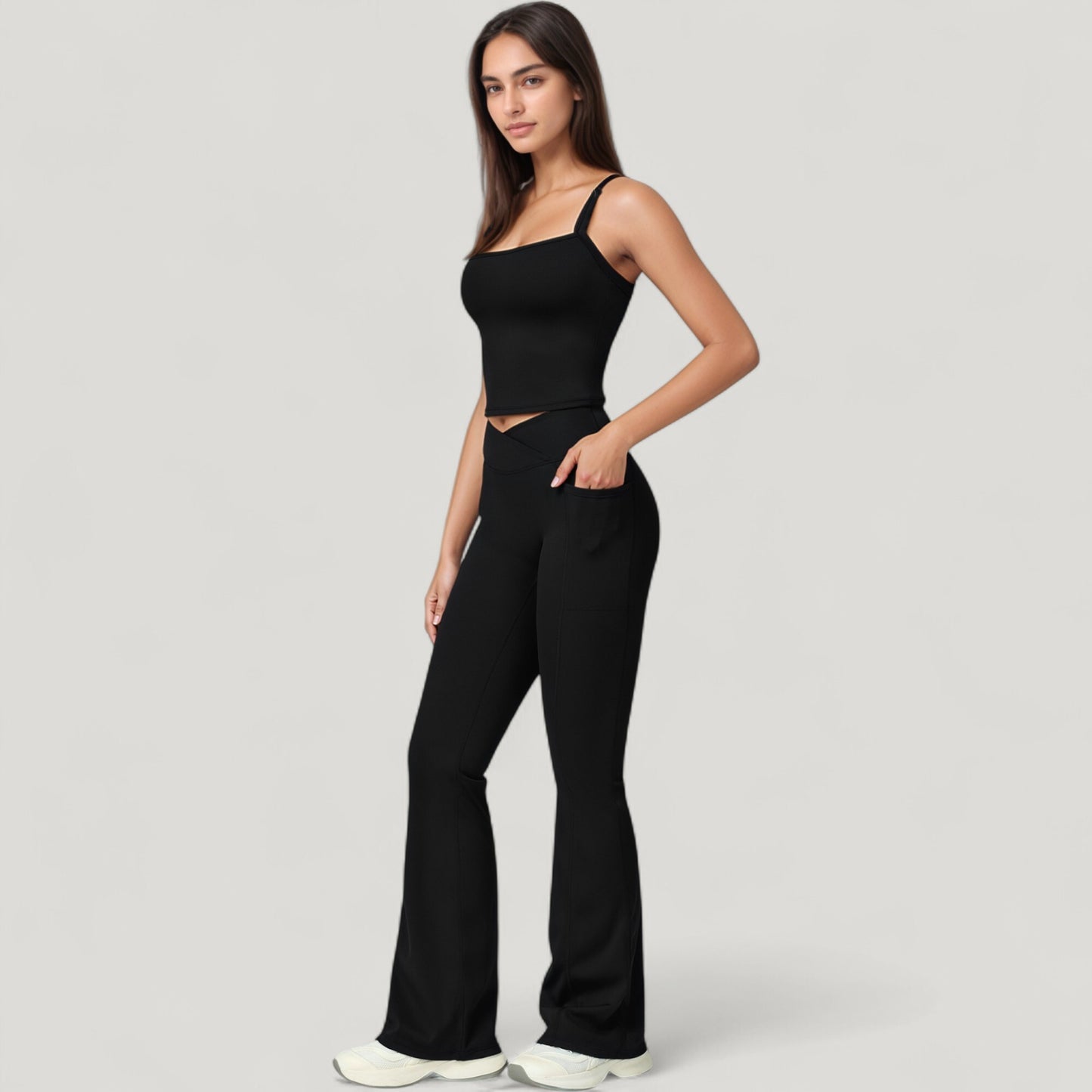 Crossover Waist Flare Lounge Pants in Soft Woven Fabric with Relaxed Fit and Streamlined Silhouette
