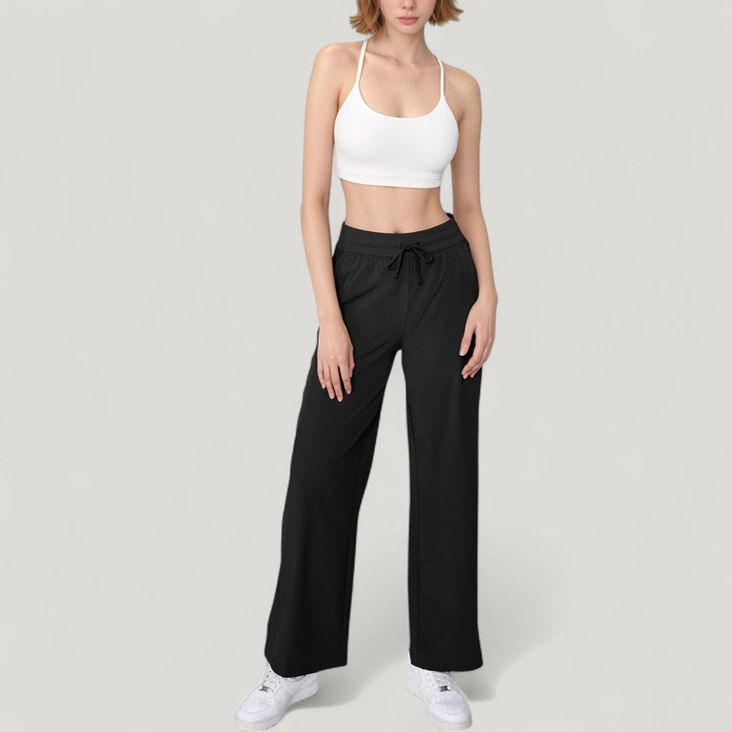 High Waist Wide Leg Pants with Drawstring Waist and Front Pockets