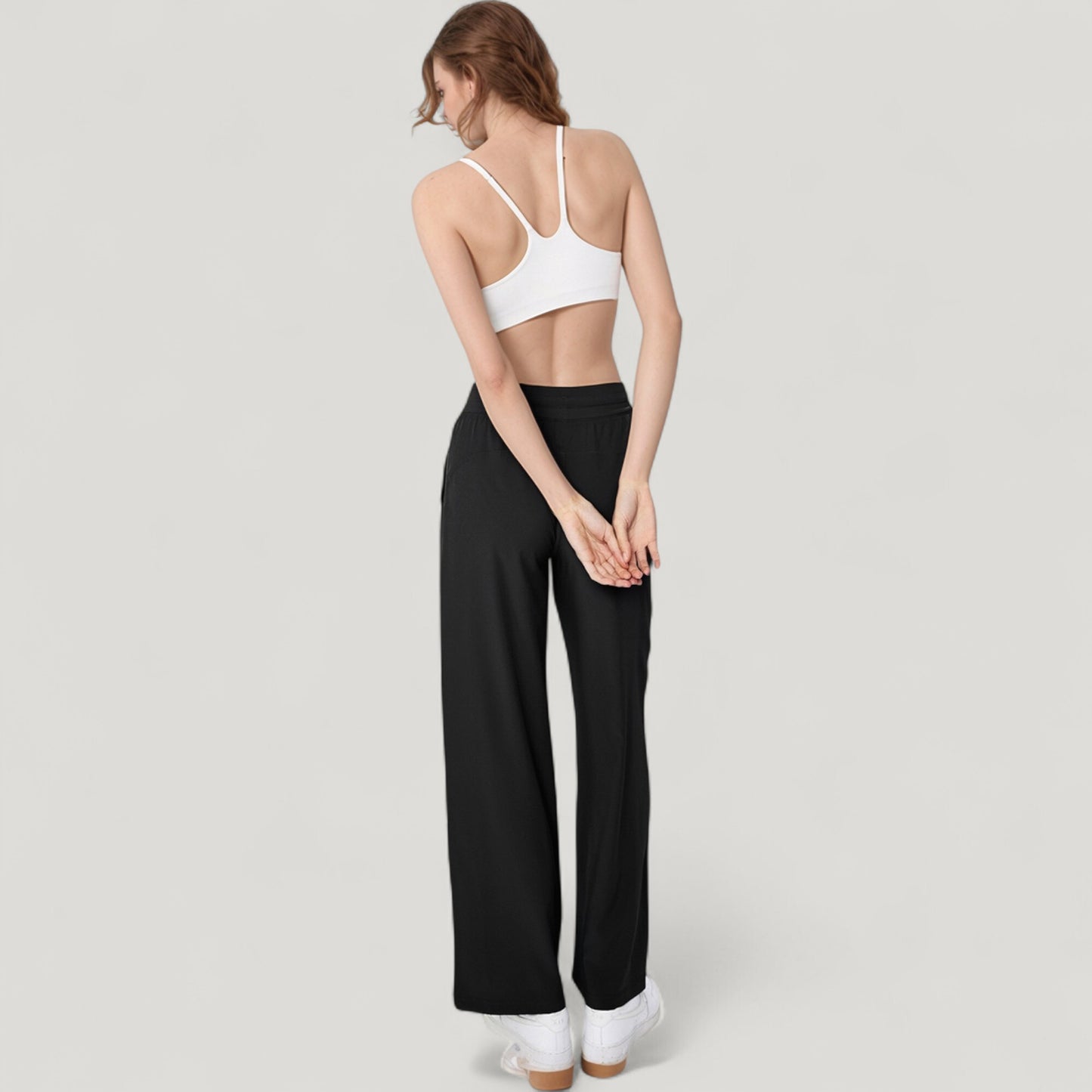 High Waist Wide Leg Pants with Drawstring Waist and Front Pockets
