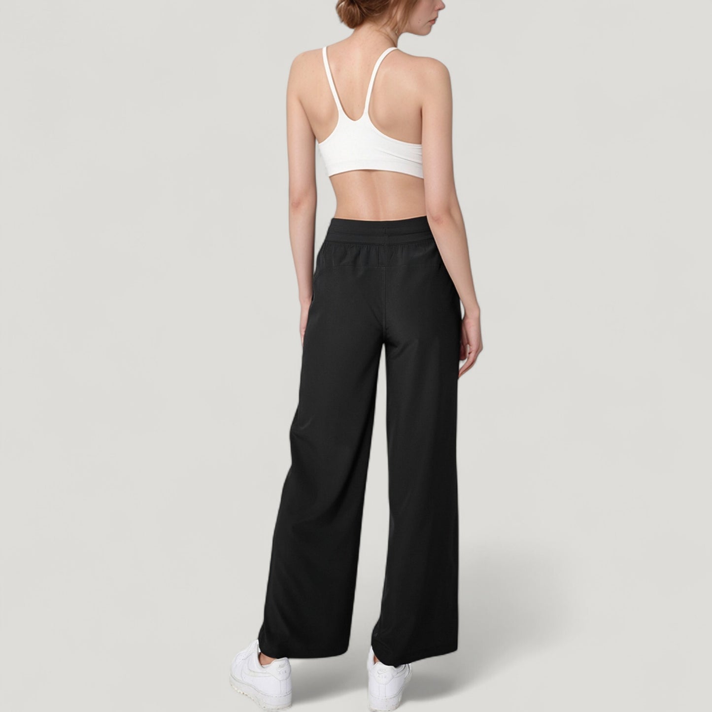 High Waist Wide Leg Pants with Drawstring Waist and Front Pockets