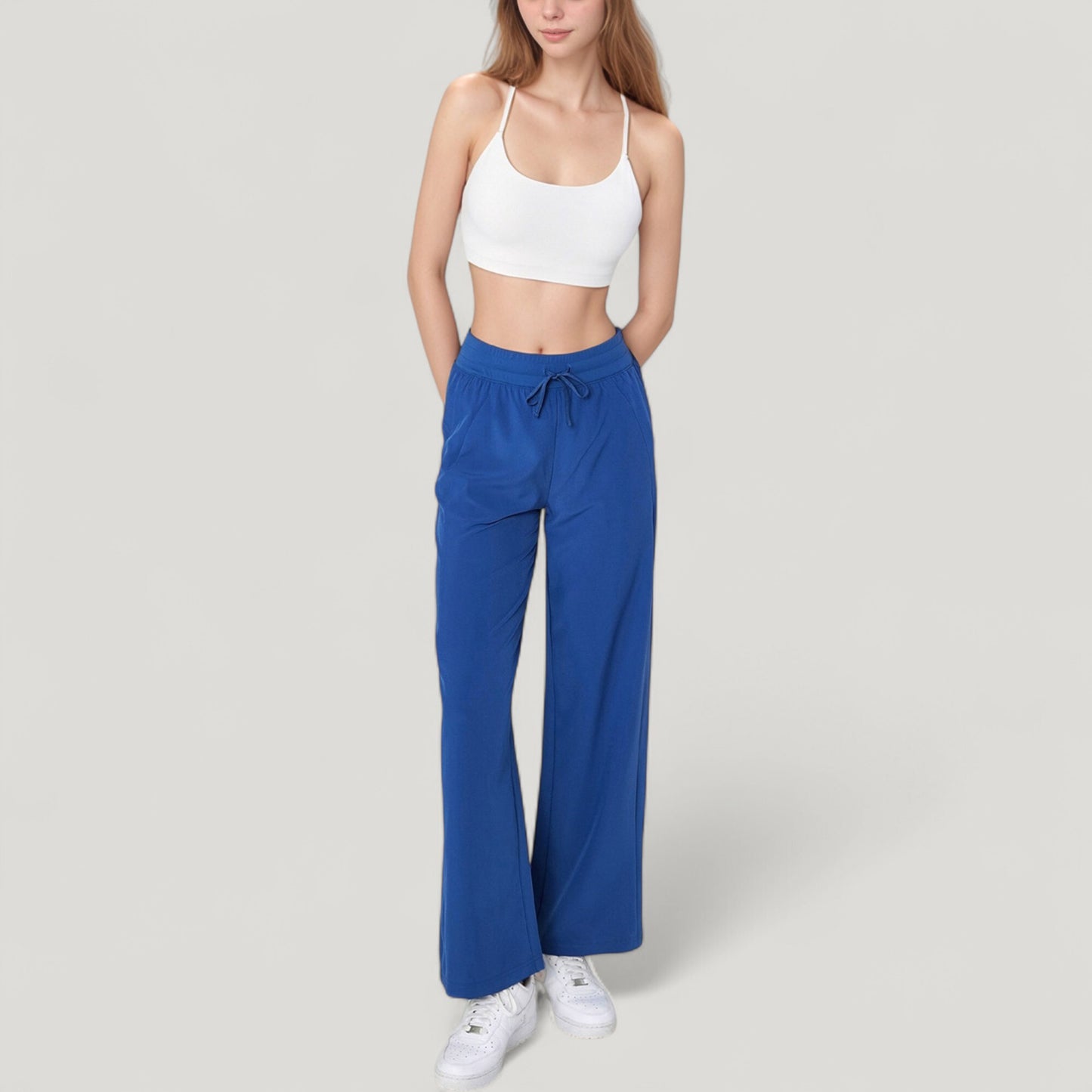 High Waist Wide Leg Pants with Drawstring Waist and Front Pockets