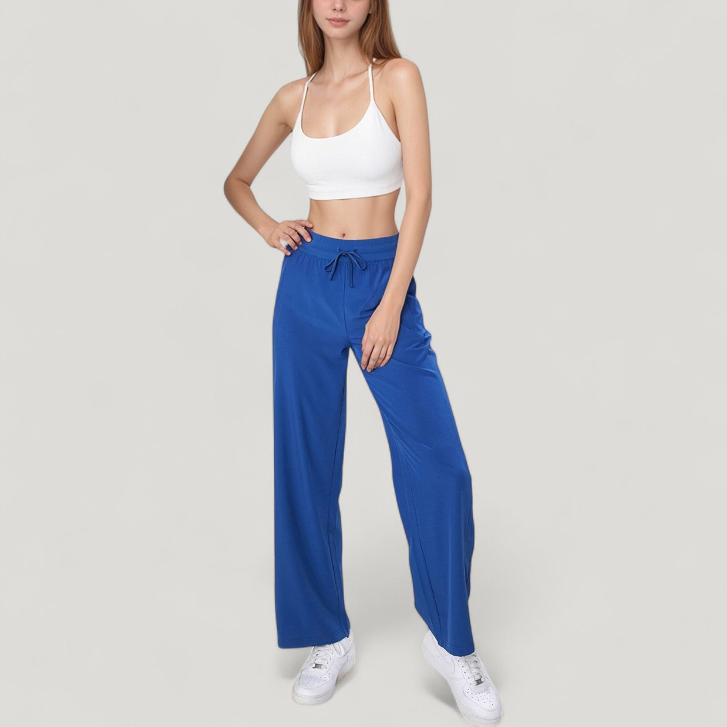 High Waist Wide Leg Pants with Drawstring Waist and Front Pockets