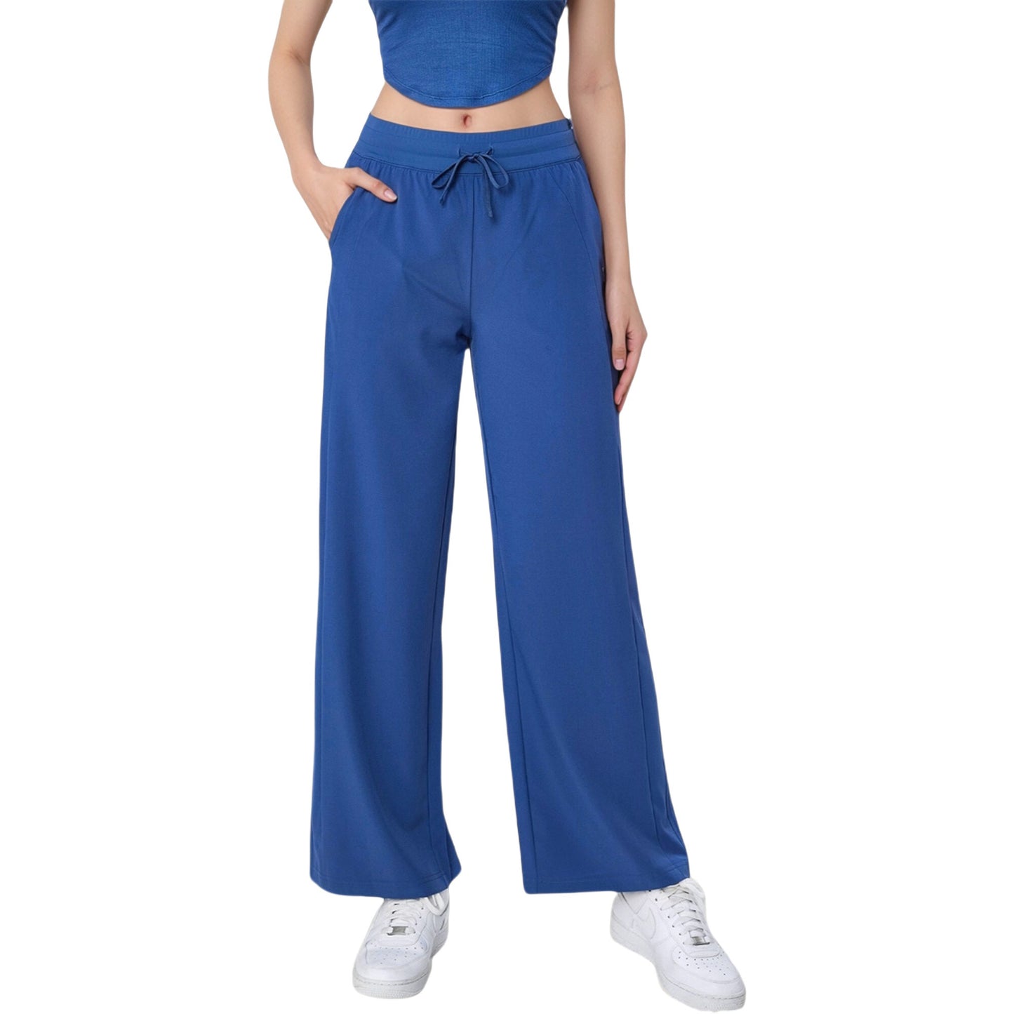 High Waist Wide Leg Pants with Drawstring Waist and Front Pockets