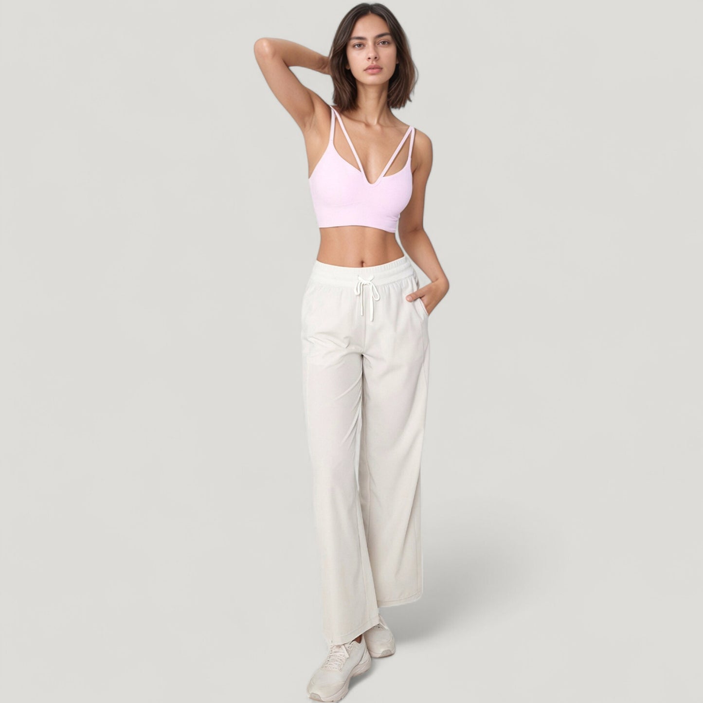 High Waist Wide Leg Pants with Drawstring Waist and Front Pockets