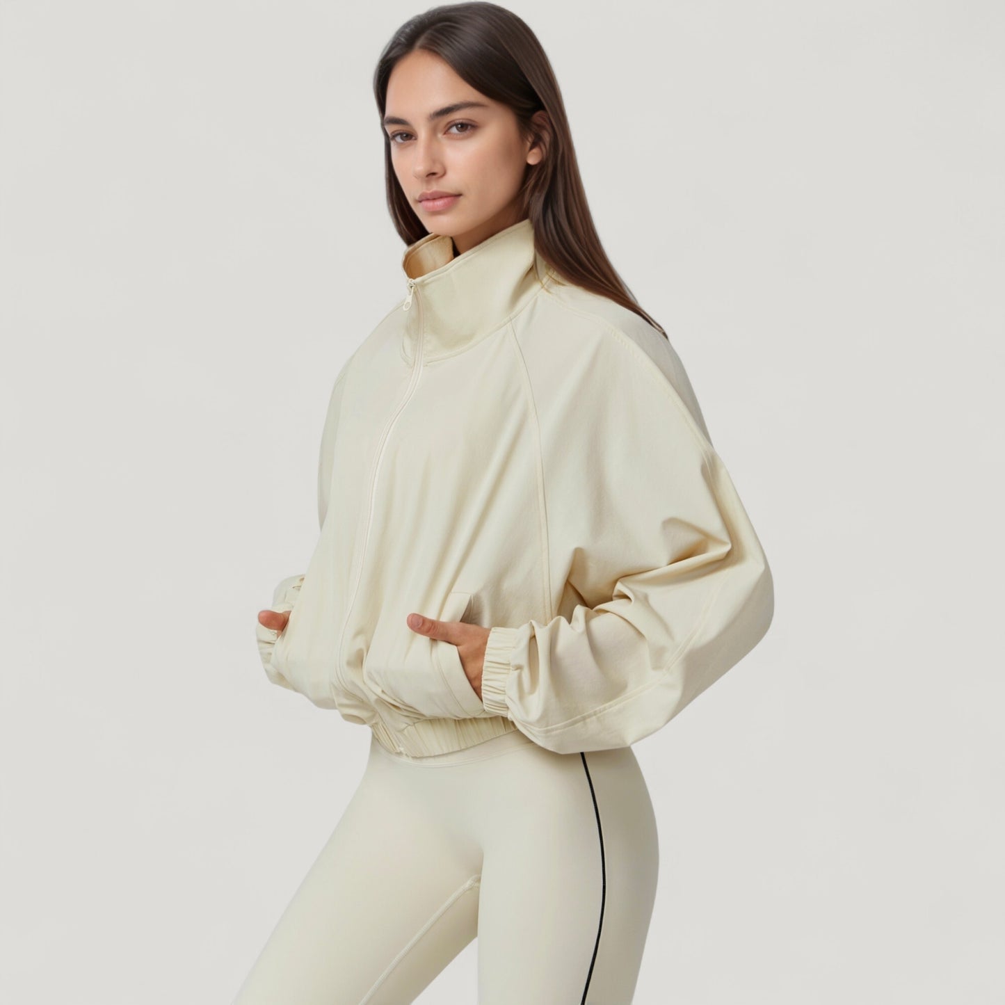 Zip-Up Activewear Jacket with High Collar Long Sleeves and Relaxed Elastic Hem