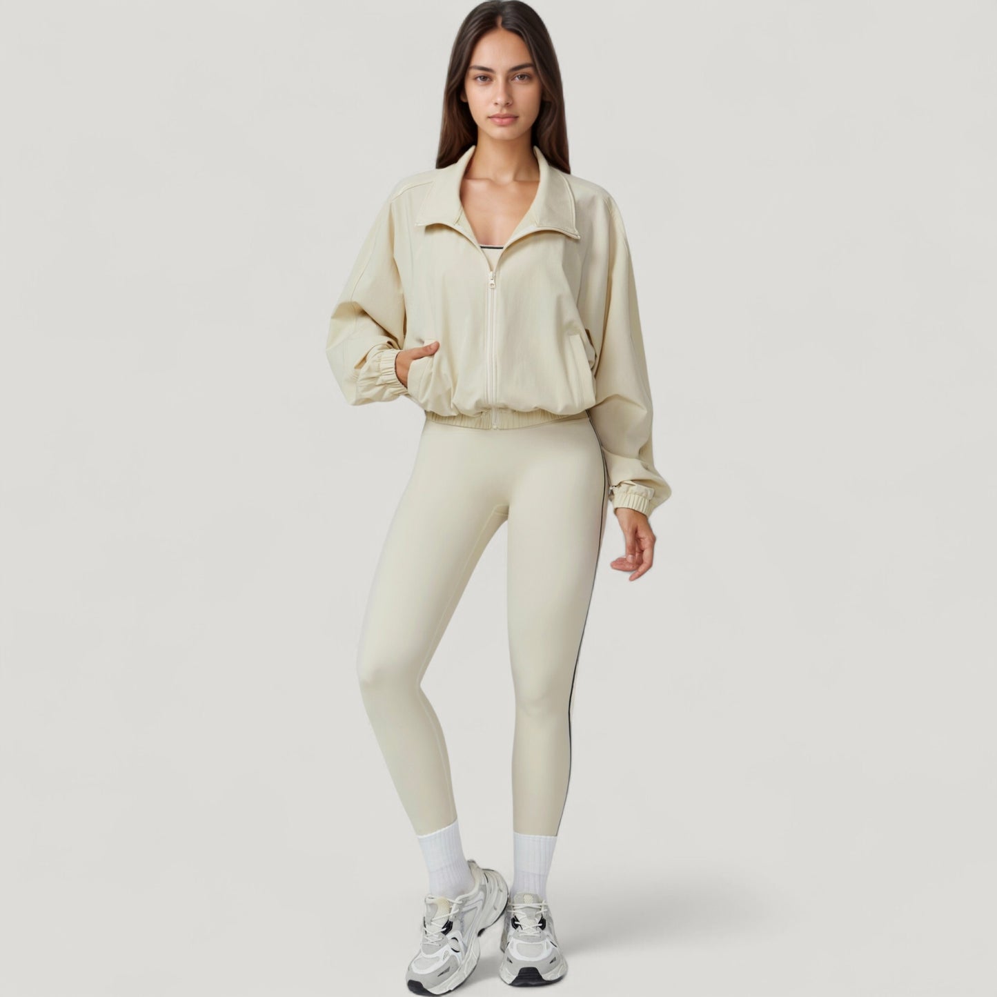 Zip-Up Activewear Jacket with High Collar Long Sleeves and Relaxed Elastic Hem