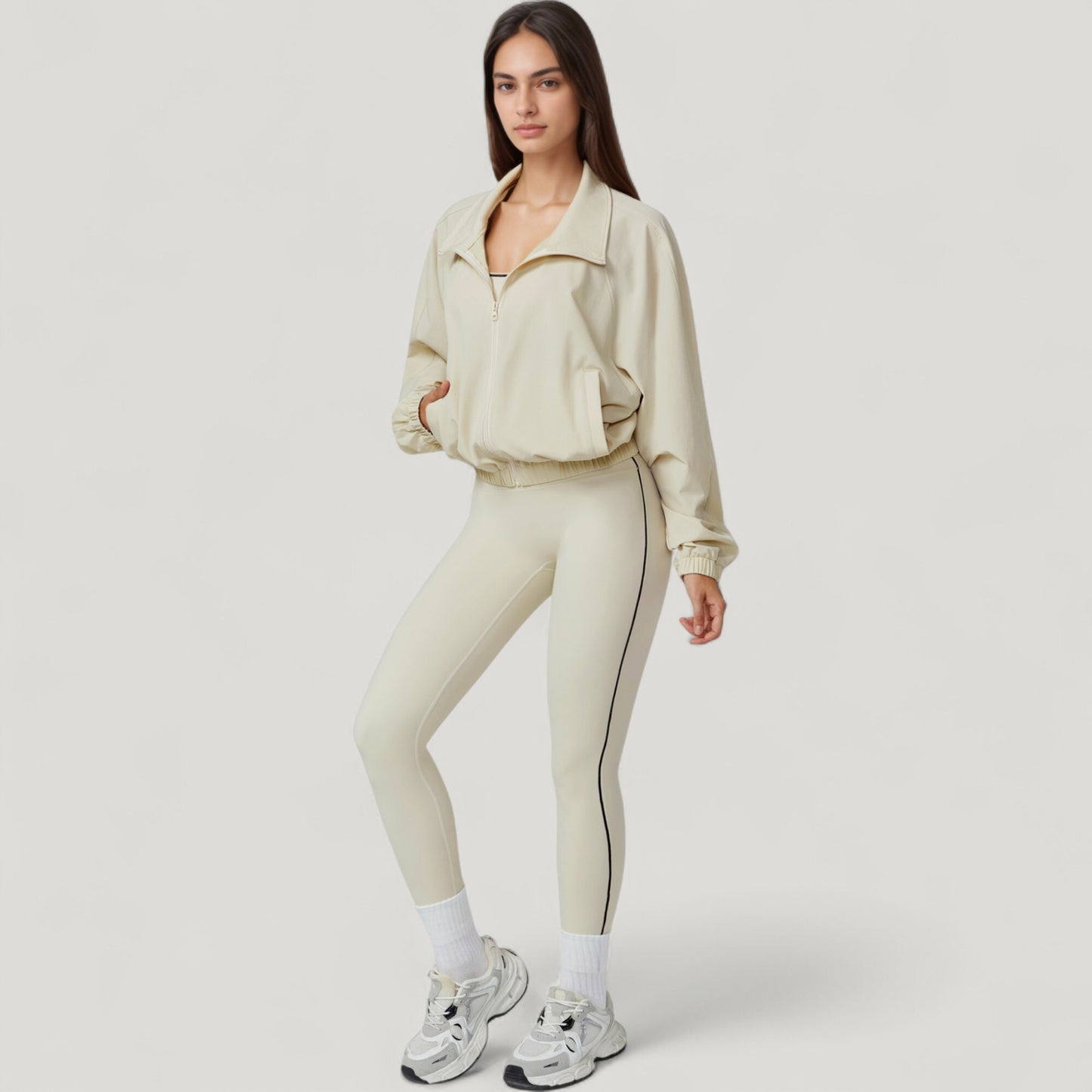 Zip-Up Activewear Jacket with High Collar Long Sleeves and Relaxed Elastic Hem