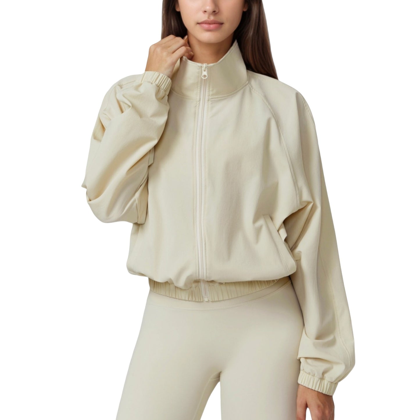 Zip-Up Activewear Jacket with High Collar Long Sleeves and Relaxed Elastic Hem