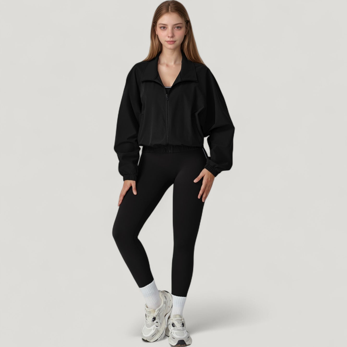 Zip-Up Activewear Jacket with High Collar Long Sleeves and Relaxed Elastic Hem