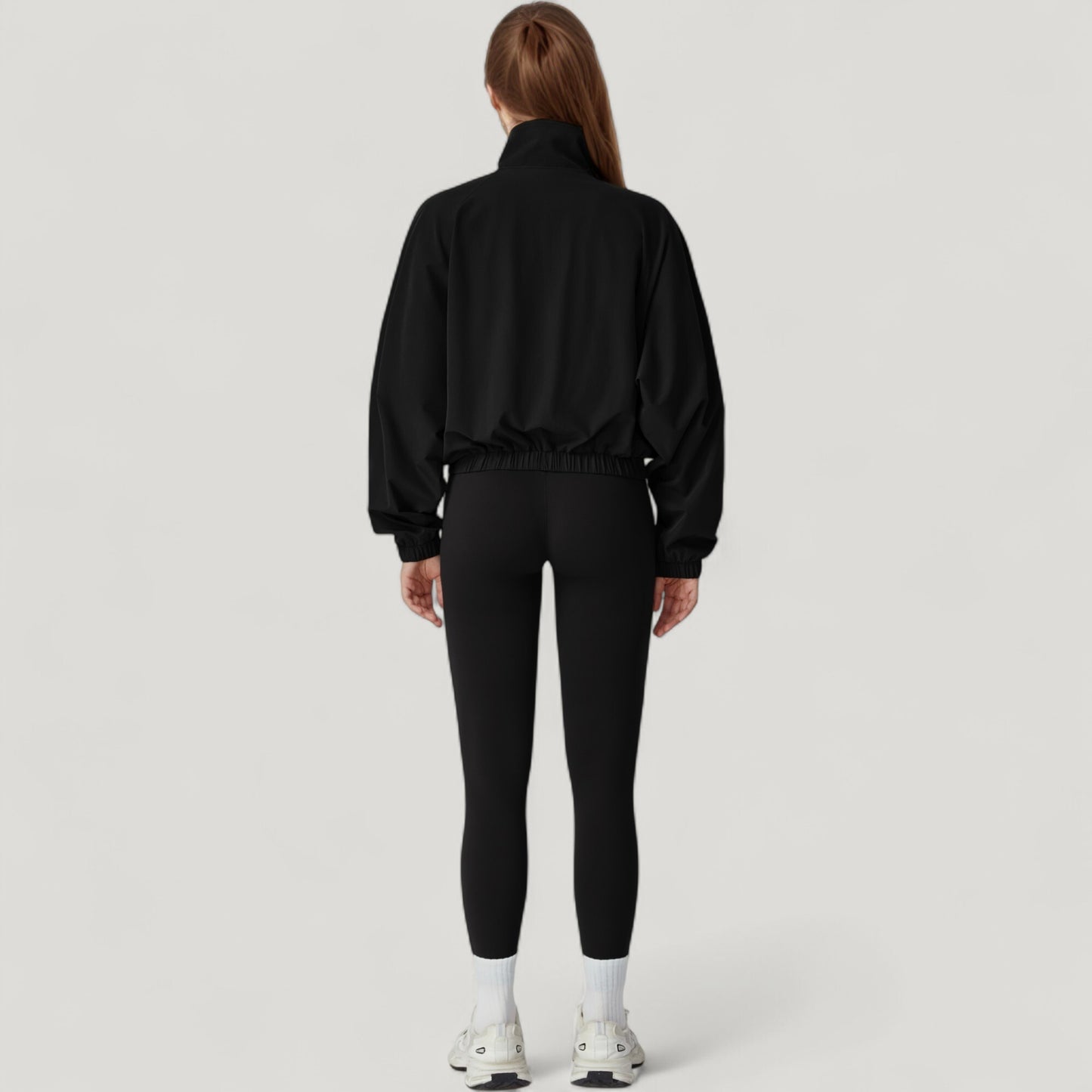 Zip-Up Activewear Jacket with High Collar Long Sleeves and Relaxed Elastic Hem