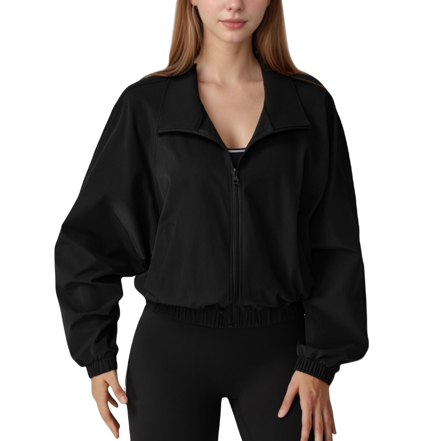 Zip-Up Activewear Jacket with High Collar Long Sleeves and Relaxed Elastic Hem