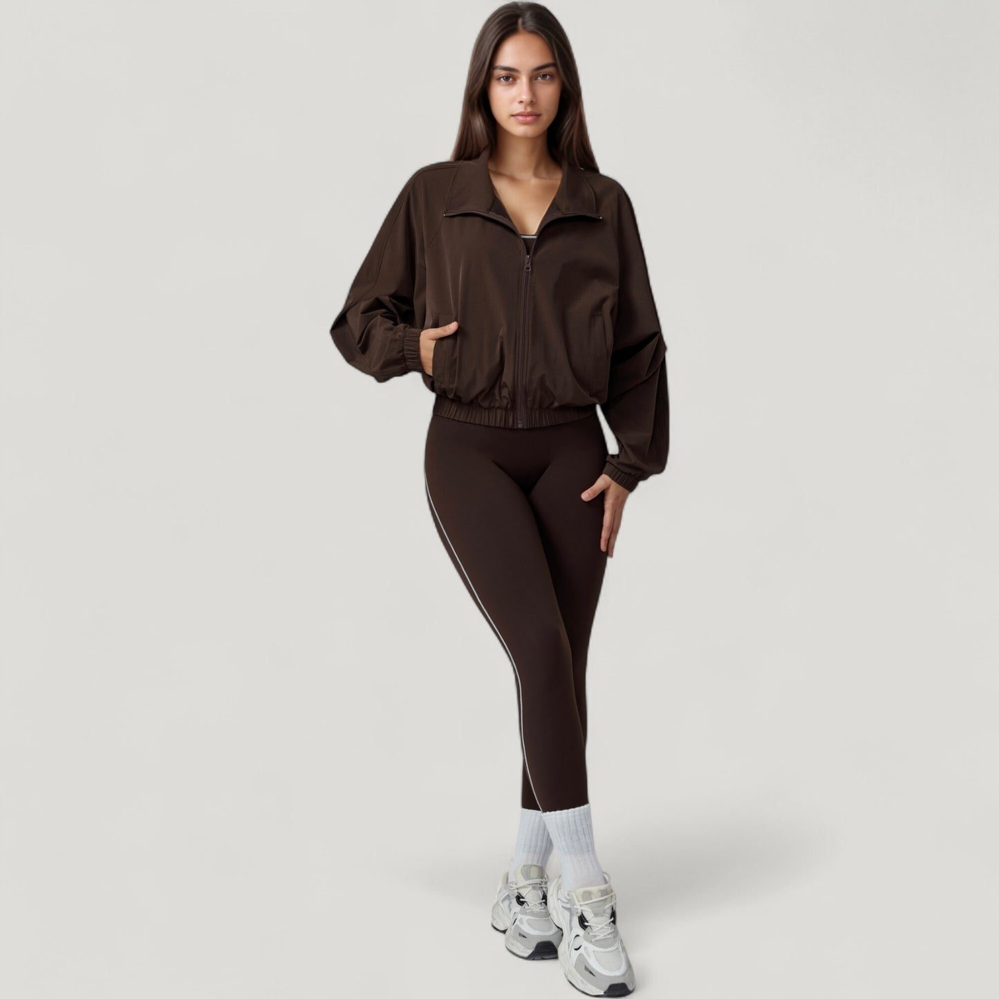 Zip-Up Activewear Jacket with High Collar Long Sleeves and Relaxed Elastic Hem