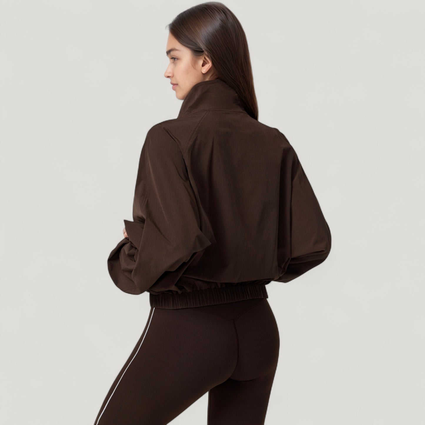 Zip-Up Activewear Jacket with High Collar Long Sleeves and Relaxed Elastic Hem
