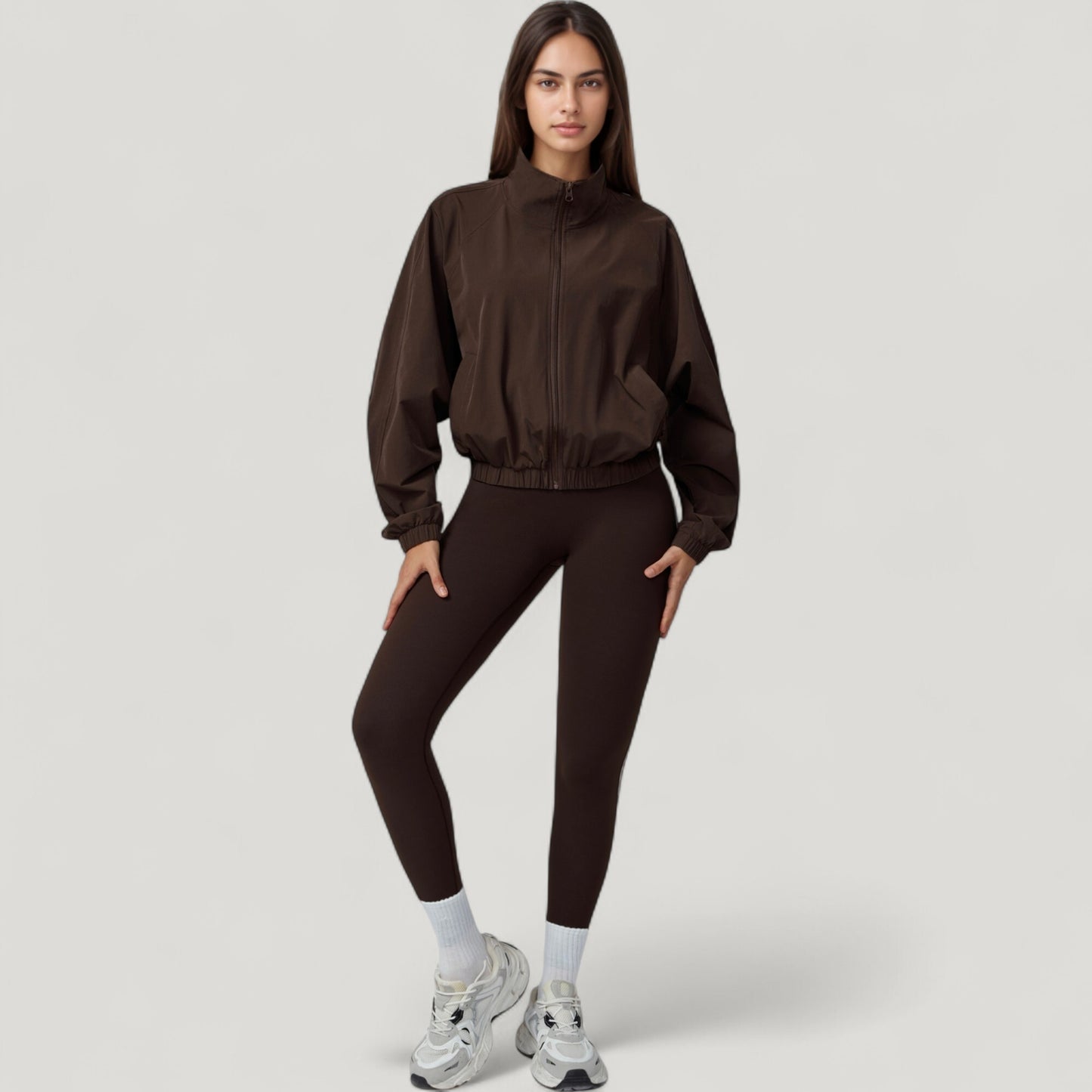 Zip-Up Activewear Jacket with High Collar Long Sleeves and Relaxed Elastic Hem