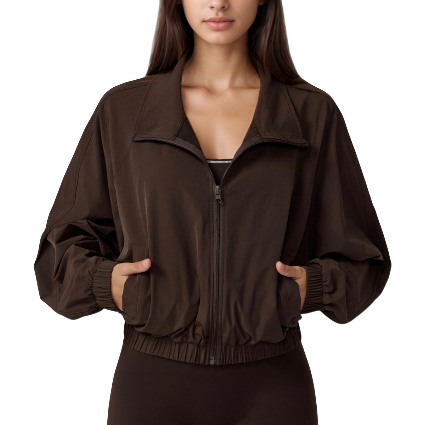 Zip-Up Activewear Jacket with High Collar Long Sleeves and Relaxed Elastic Hem