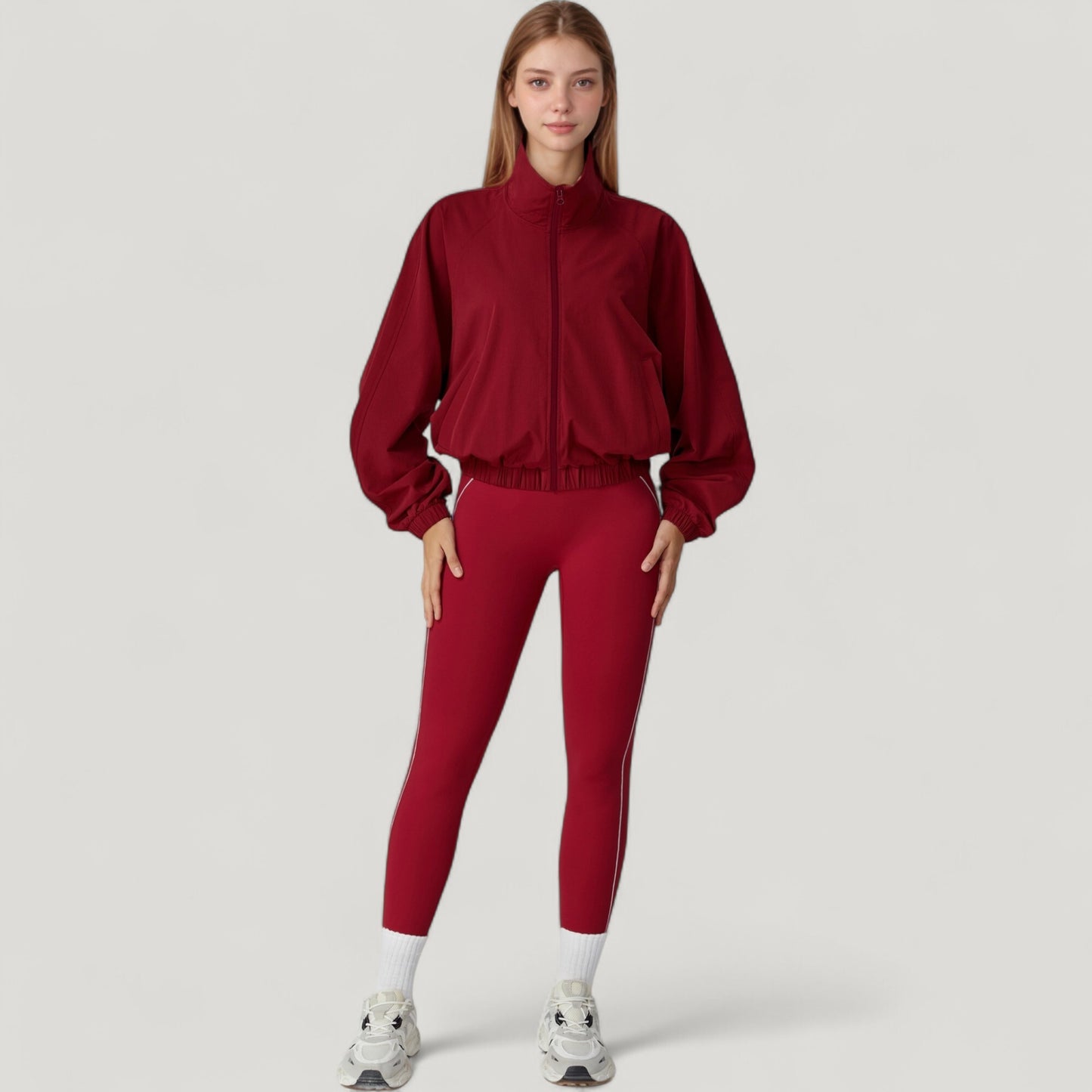 Zip-Up Activewear Jacket with High Collar Long Sleeves and Relaxed Elastic Hem