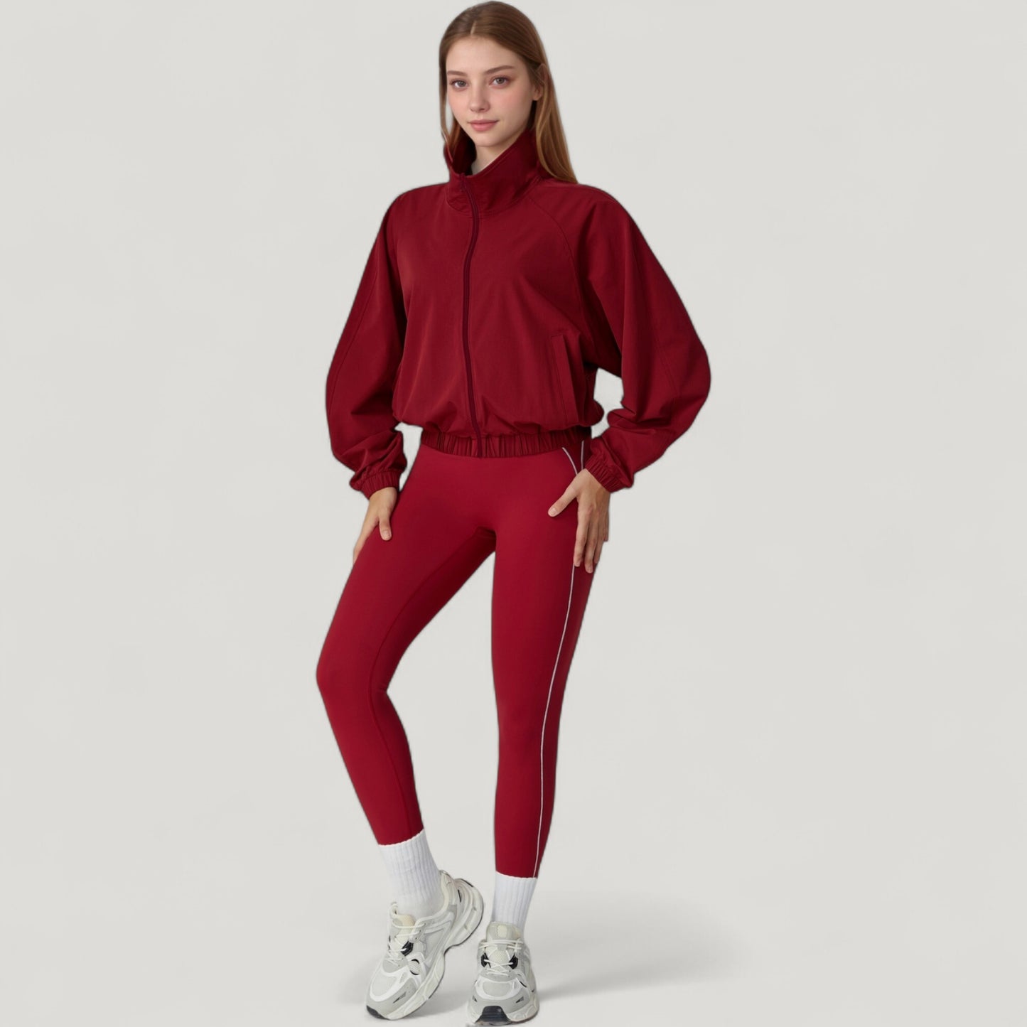 Zip-Up Activewear Jacket with High Collar Long Sleeves and Relaxed Elastic Hem