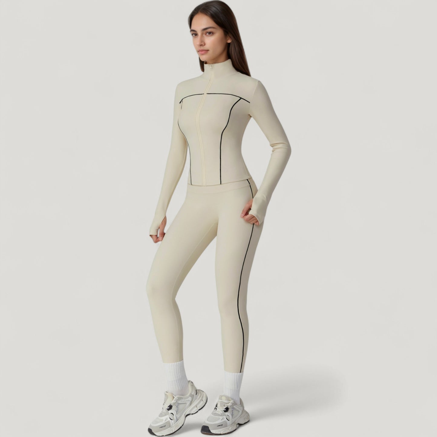 Fitted Zip-Up Activewear Jacket with High Collar Long Sleeves and Contour Seaming