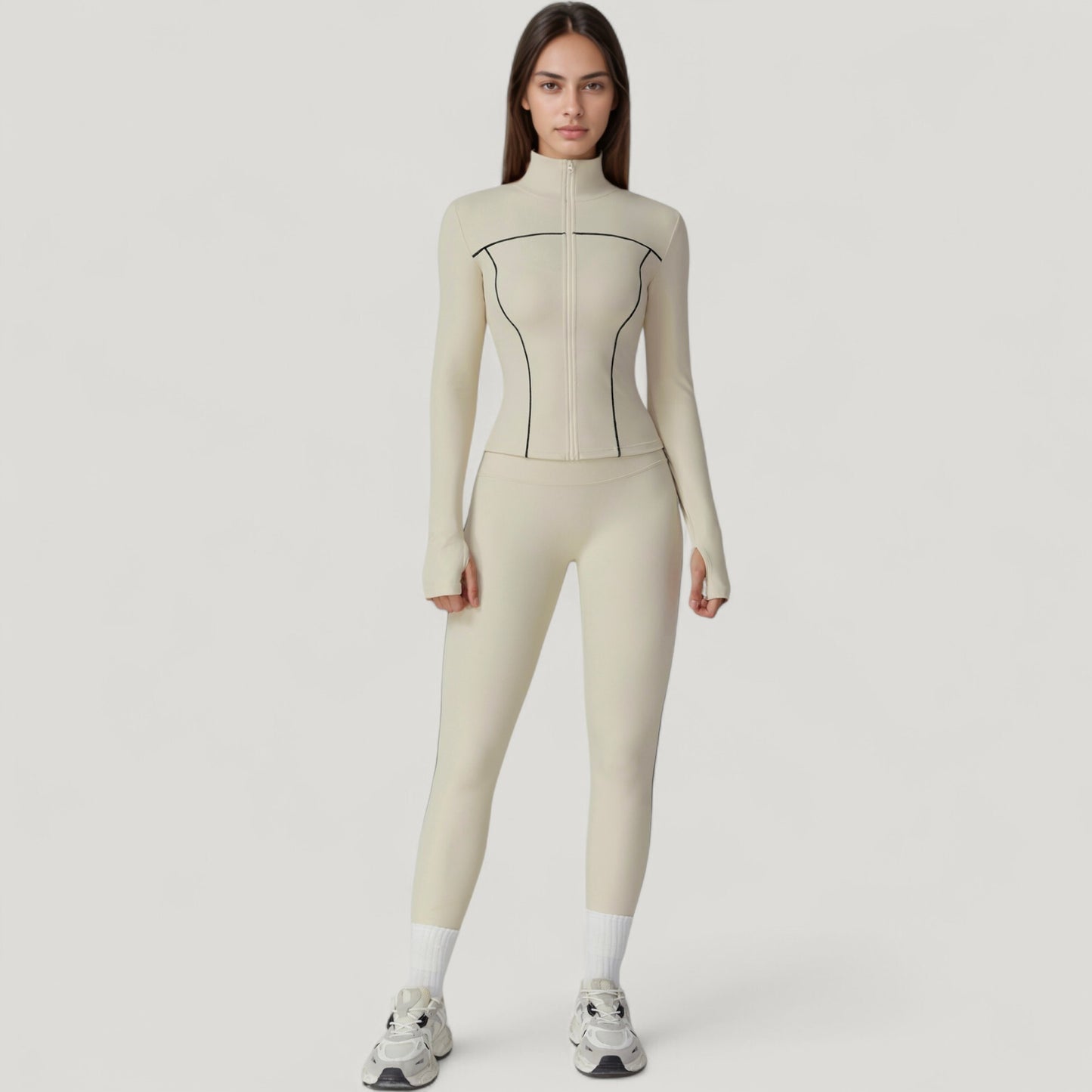 Fitted Zip-Up Activewear Jacket with High Collar Long Sleeves and Contour Seaming