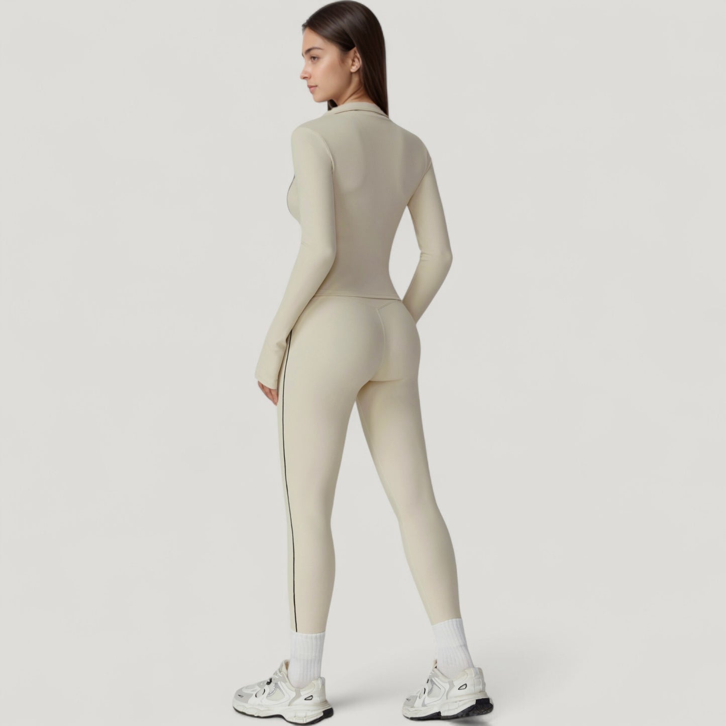 Fitted Zip-Up Activewear Jacket with High Collar Long Sleeves and Contour Seaming
