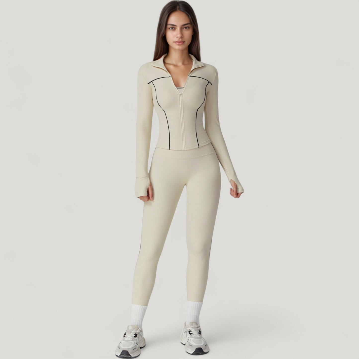 Fitted Zip-Up Activewear Jacket with High Collar Long Sleeves and Contour Seaming