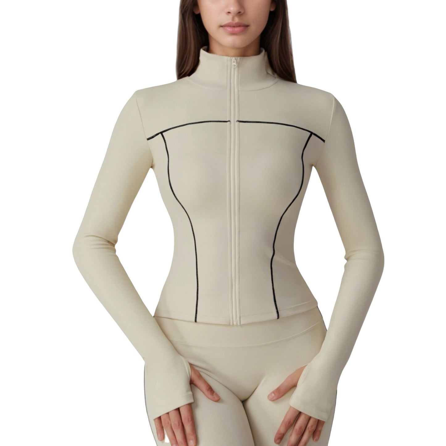 Fitted Zip-Up Activewear Jacket with High Collar Long Sleeves and Contour Seaming