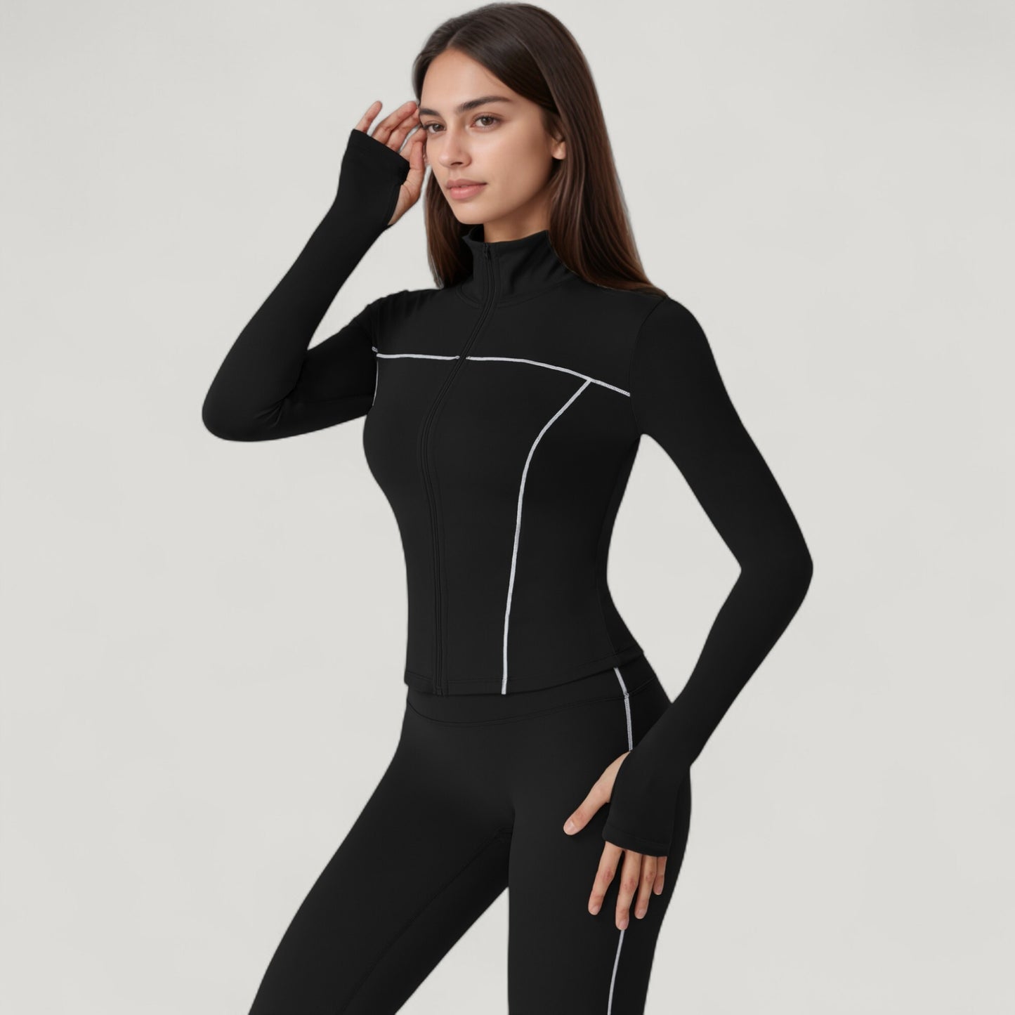 Fitted Zip-Up Activewear Jacket with High Collar Long Sleeves and Contour Seaming