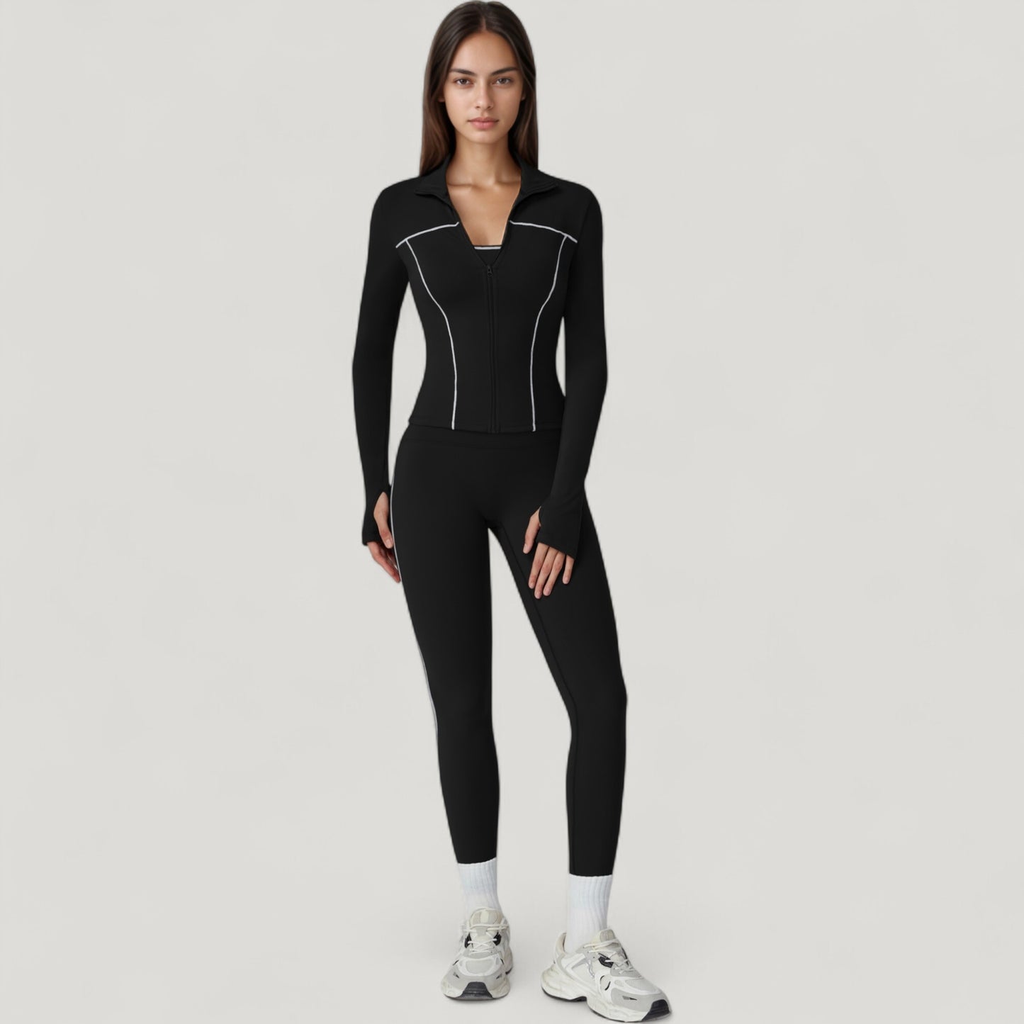 Fitted Zip-Up Activewear Jacket with High Collar Long Sleeves and Contour Seaming
