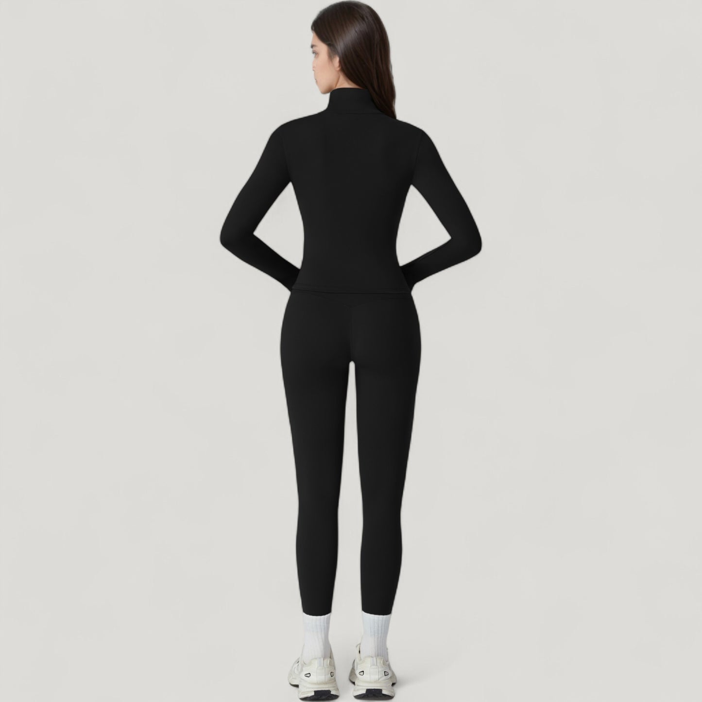 Fitted Zip-Up Activewear Jacket with High Collar Long Sleeves and Contour Seaming