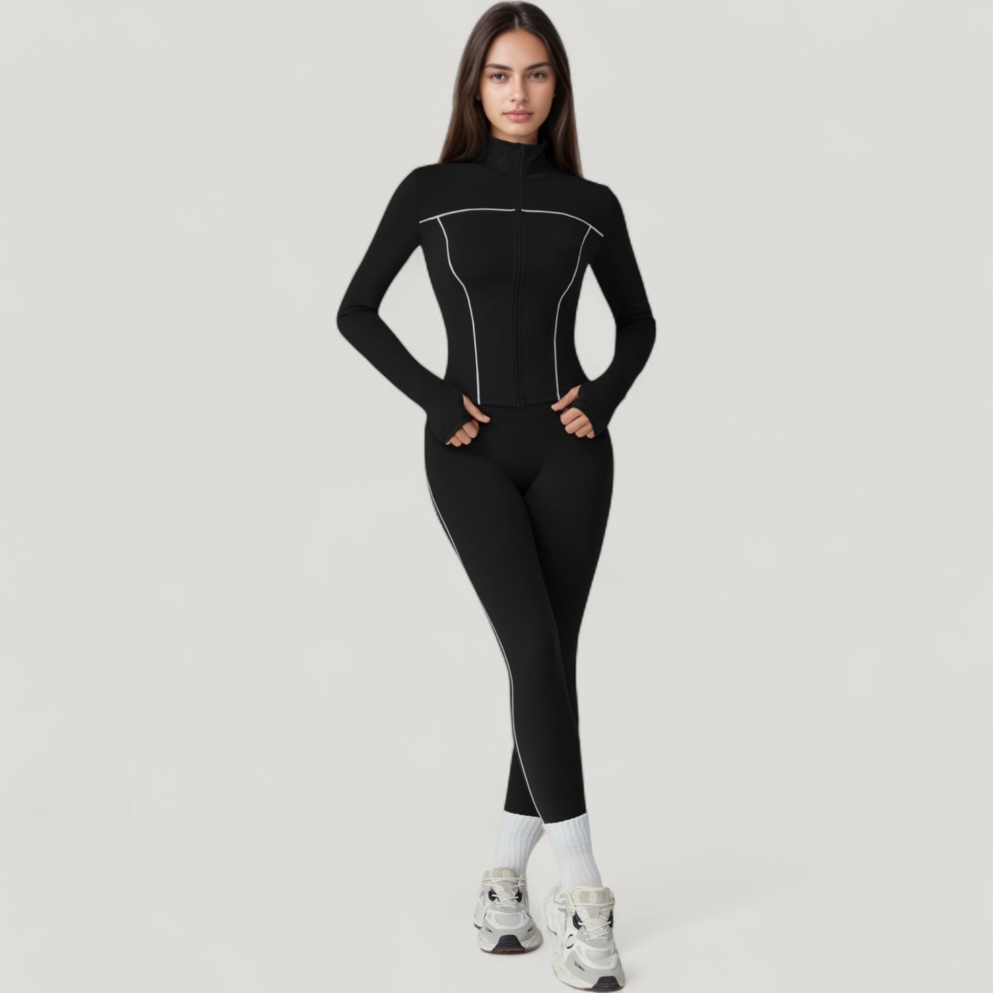 Fitted Zip-Up Activewear Jacket with High Collar Long Sleeves and Contour Seaming