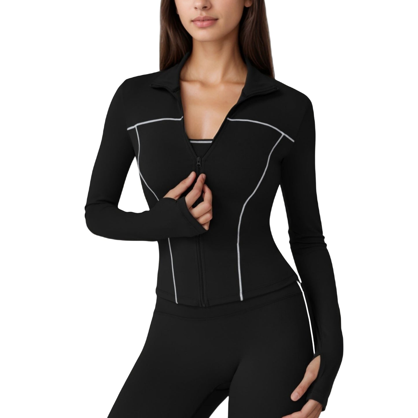 Fitted Zip-Up Activewear Jacket with High Collar Long Sleeves and Contour Seaming