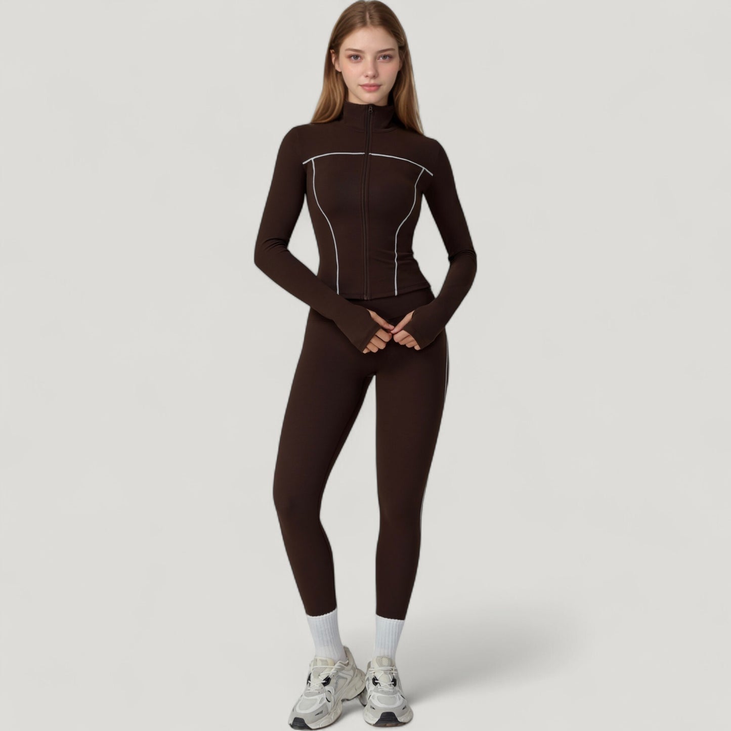 Fitted Zip-Up Activewear Jacket with High Collar Long Sleeves and Contour Seaming