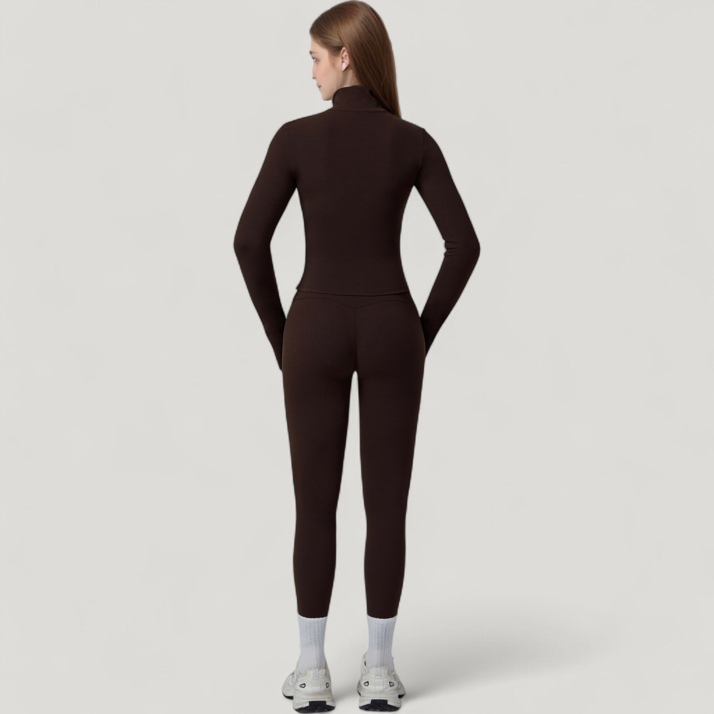 Fitted Zip-Up Activewear Jacket with High Collar Long Sleeves and Contour Seaming