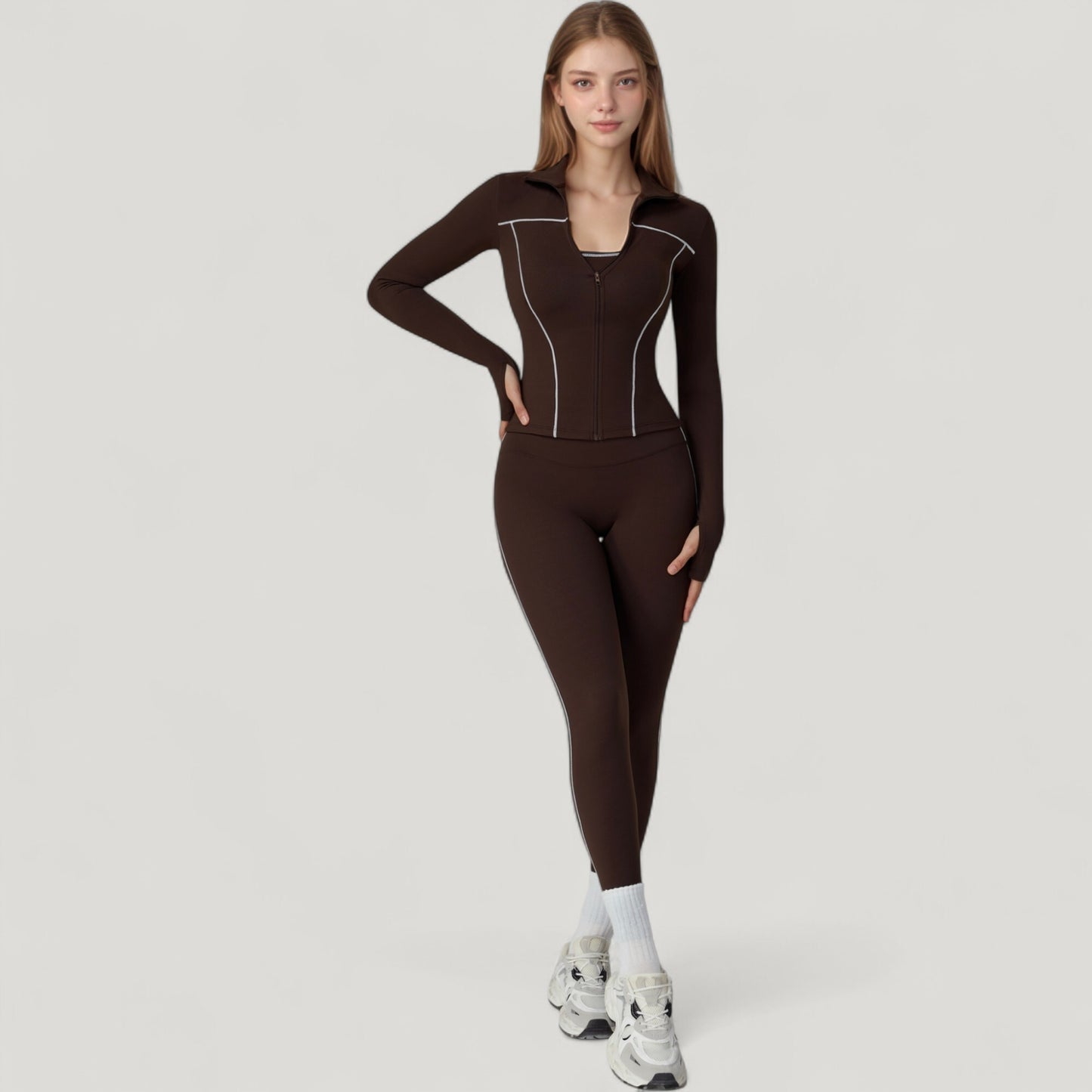Fitted Zip-Up Activewear Jacket with High Collar Long Sleeves and Contour Seaming