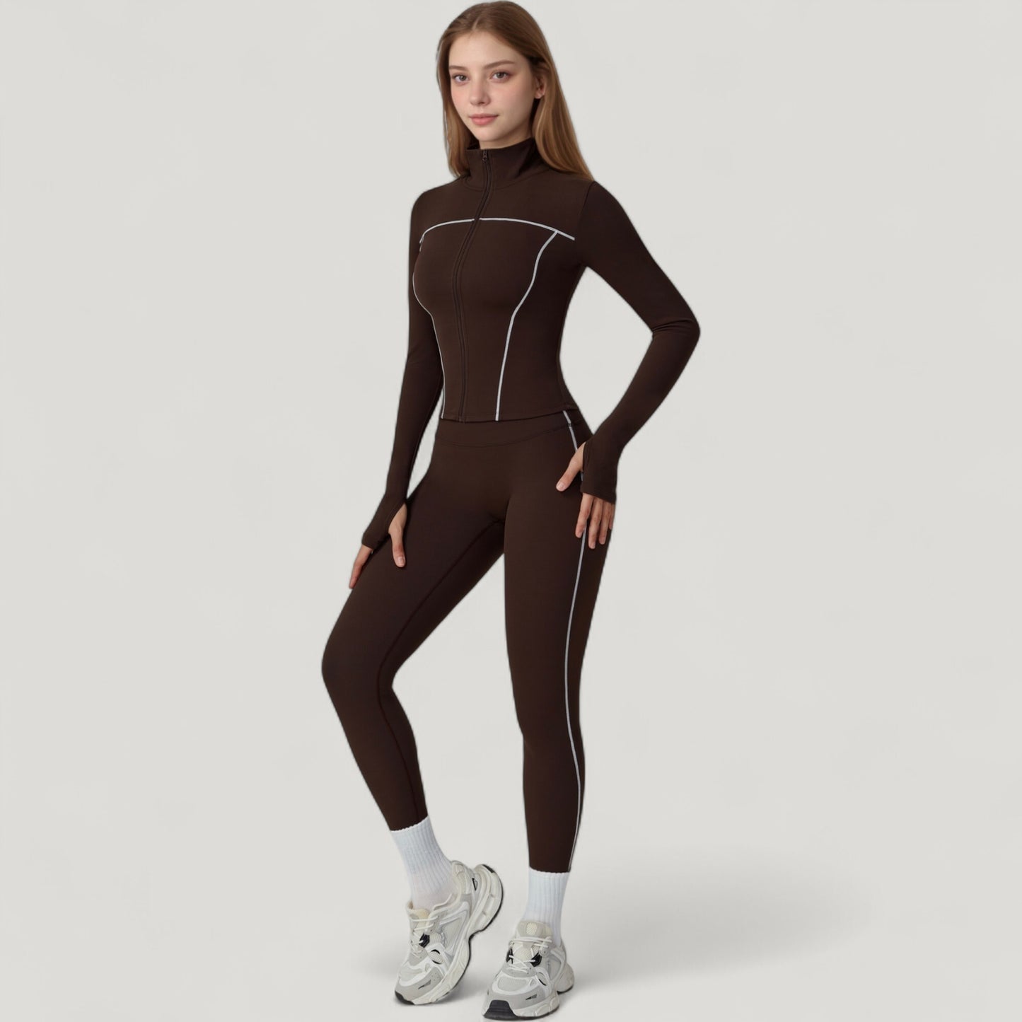 Fitted Zip-Up Activewear Jacket with High Collar Long Sleeves and Contour Seaming