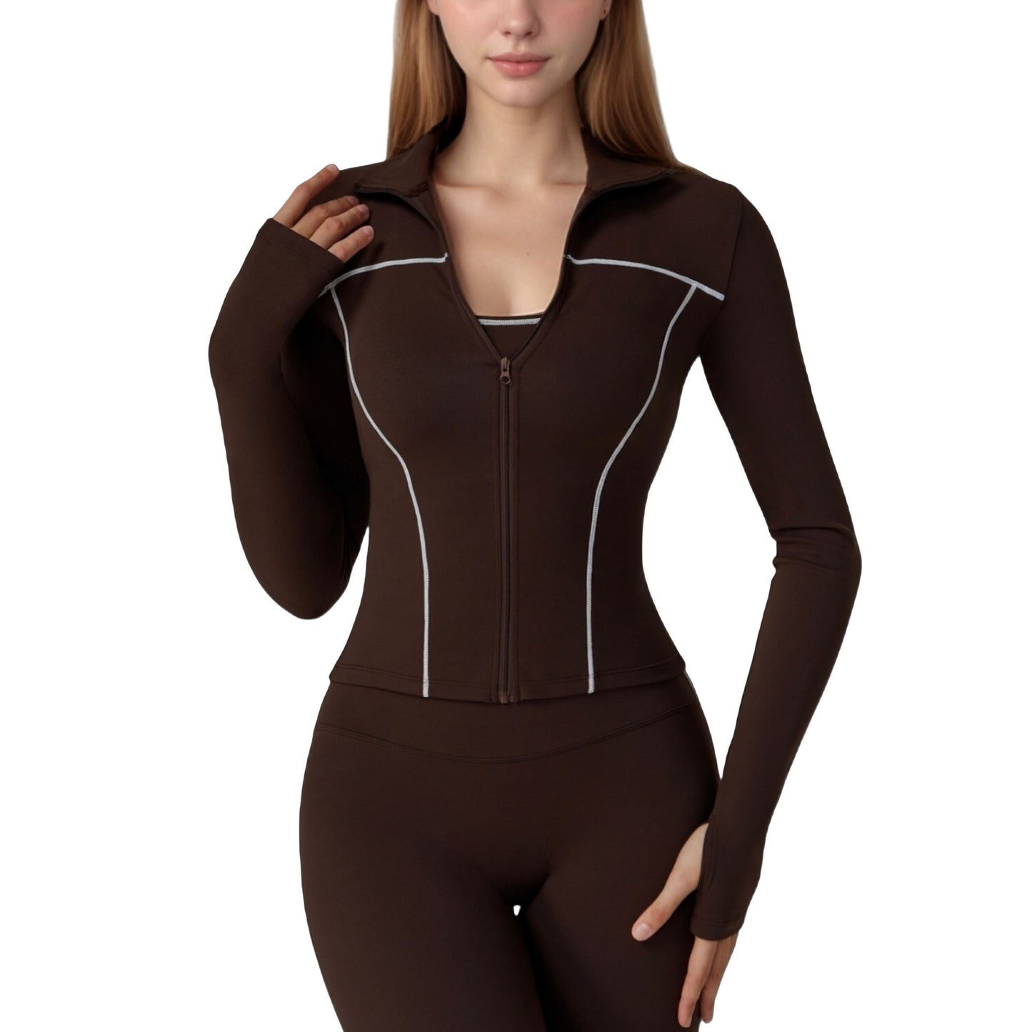 Fitted Zip-Up Activewear Jacket with High Collar Long Sleeves and Contour Seaming